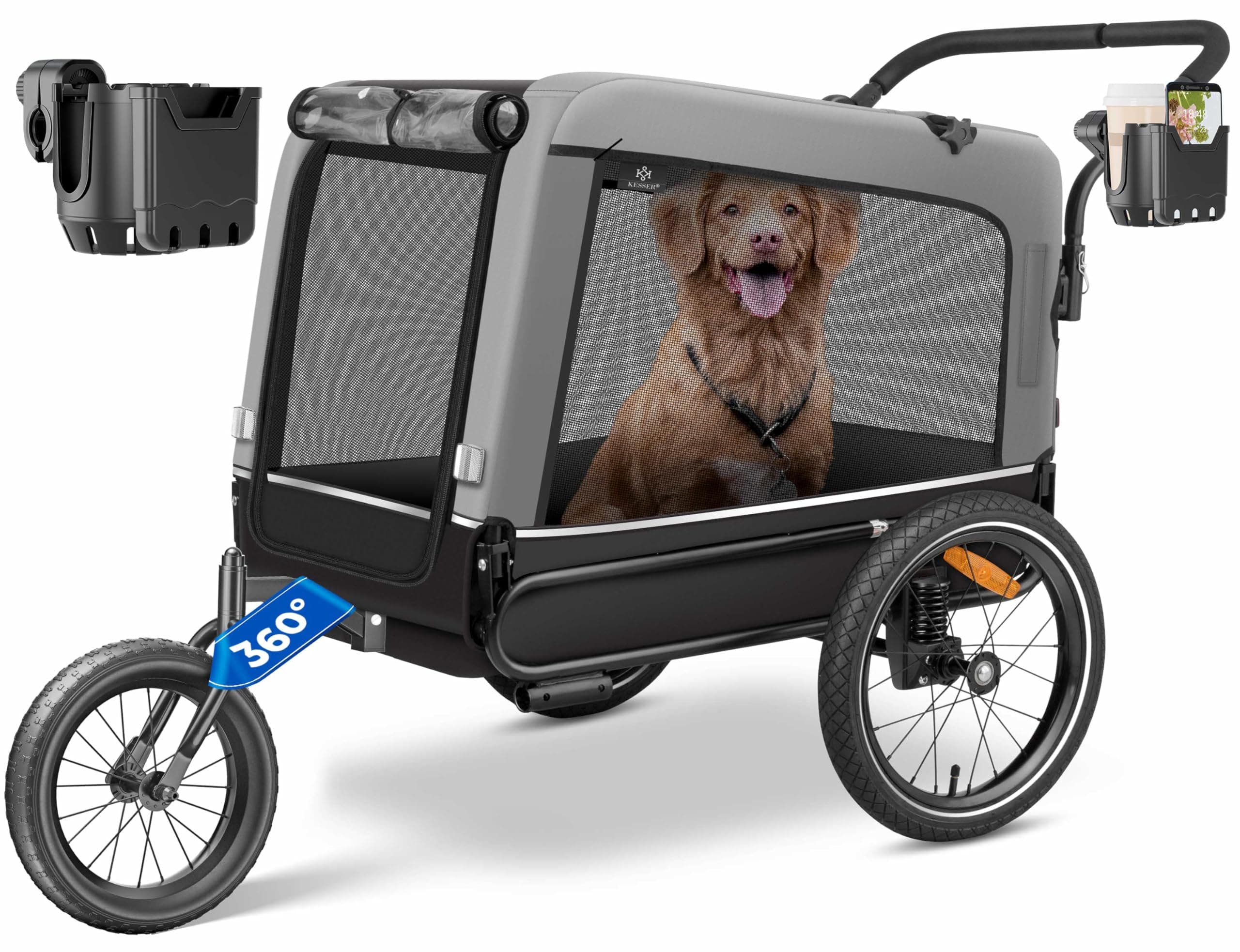 KESSER® Remolque para Perros 3-en-1 Buggy & Jogger Remolque para Bicicletas Grande Aprox. 240 litros de Volumen, montado sobre muelles, Material: Lona Oxford 600D, Carga máxima: 40 kg