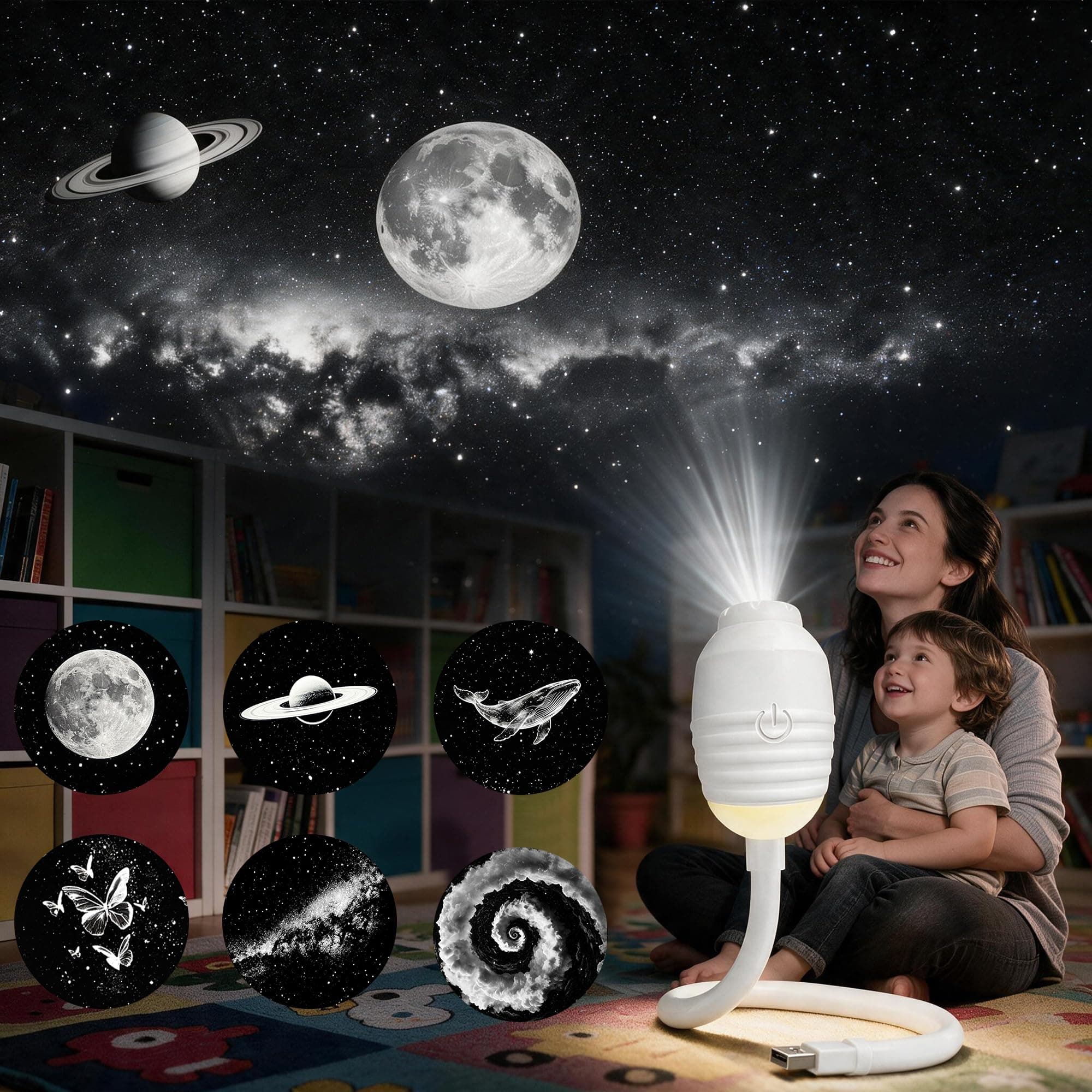 Projecteur Ciel Etoile, Veilleuse Projecteur Galaxie 6 Disques de Film | 2 EN 1 Pro USB Veilleuse Projecteur Réglage de Rotation à 360°pour Chambre Plafond Voiture Cadeaux Enfants Adultes