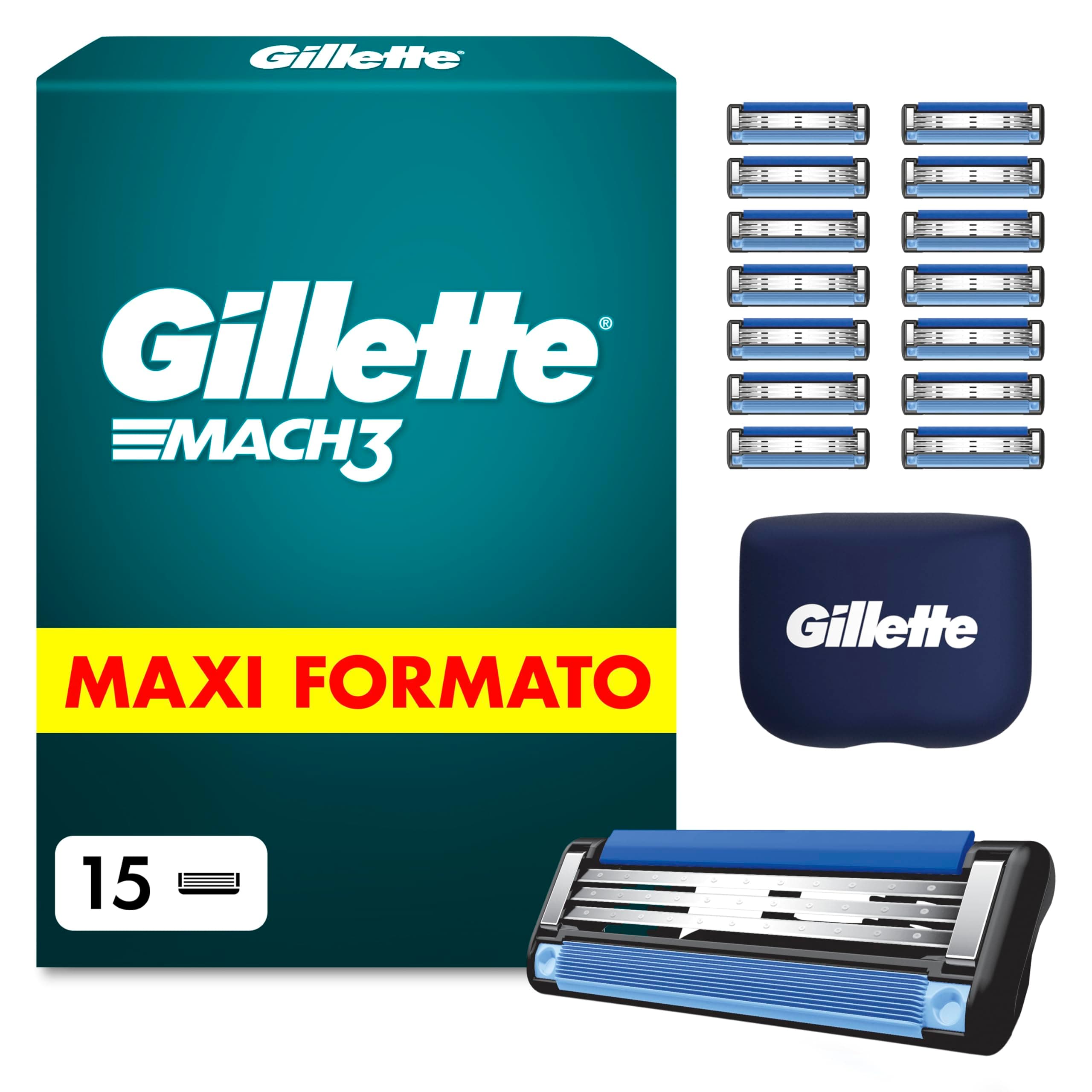 Gillette Lamette Mach 3, 15 Cartucce per Rasoio Barba Uomo, Multicolore | 15 Lamette Uomo di Ricambio per Rasoio Barba Manuale, Striscia Lubrificante e 3 Lame per Rasatura Profonda e Duratura