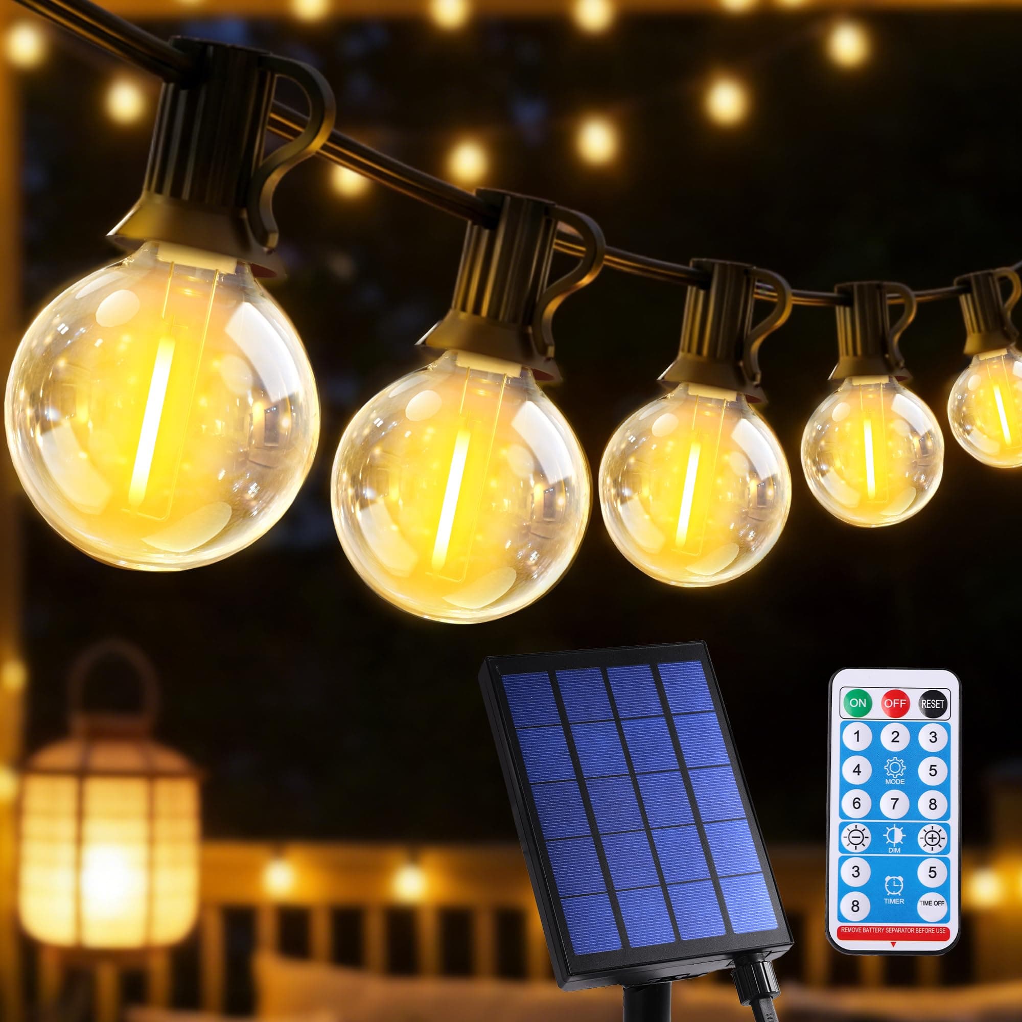 Guirlande Lumineuse Exterieure Solaire LED, 15M Guirlande Solaire Exterieur avec Télécommande 25+3 G40 Ampoules, 8 Modes Étanche IP44 Guirlande Guinguette Extérieur pour Jardin Terrasse Mariage Fête