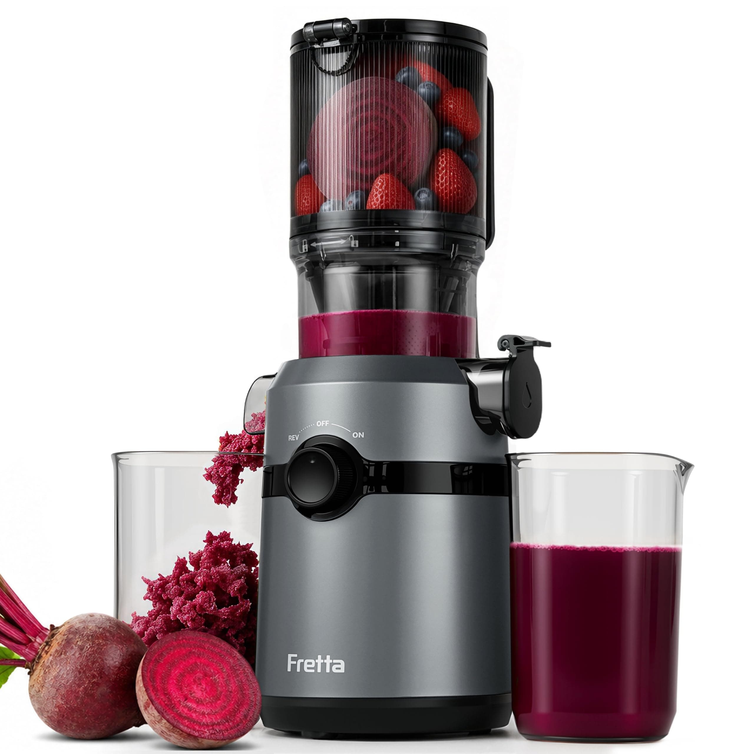 Extracteur de Jus, Fretta Extracteur de Jus de Fruits et Légumes Entiers, Grande Ouverture de 108mm Slow Juicer, 1L Capacité, Pression à Froid, Facile à Nettoyer, Sans BPA, 200W(Gris)