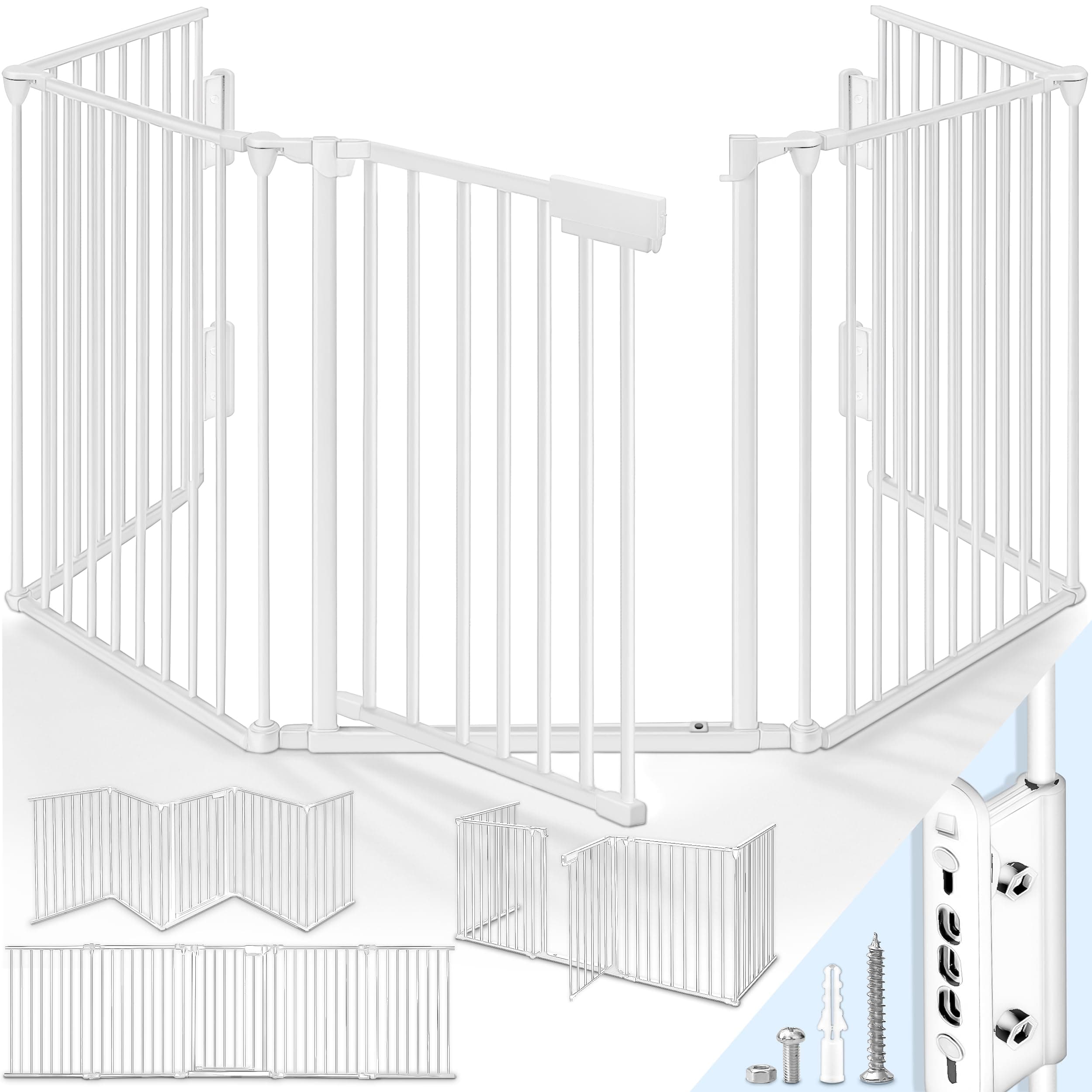 KIDUKU® Barriera di sicurezza 300-600 cm per Bambini e Animali | Cancelletto Griglia di Sicurezza per Camino - Preassemblato | Barriera Protettiva Pieghevole per Porte o Scale (Bianco, 180 cm)