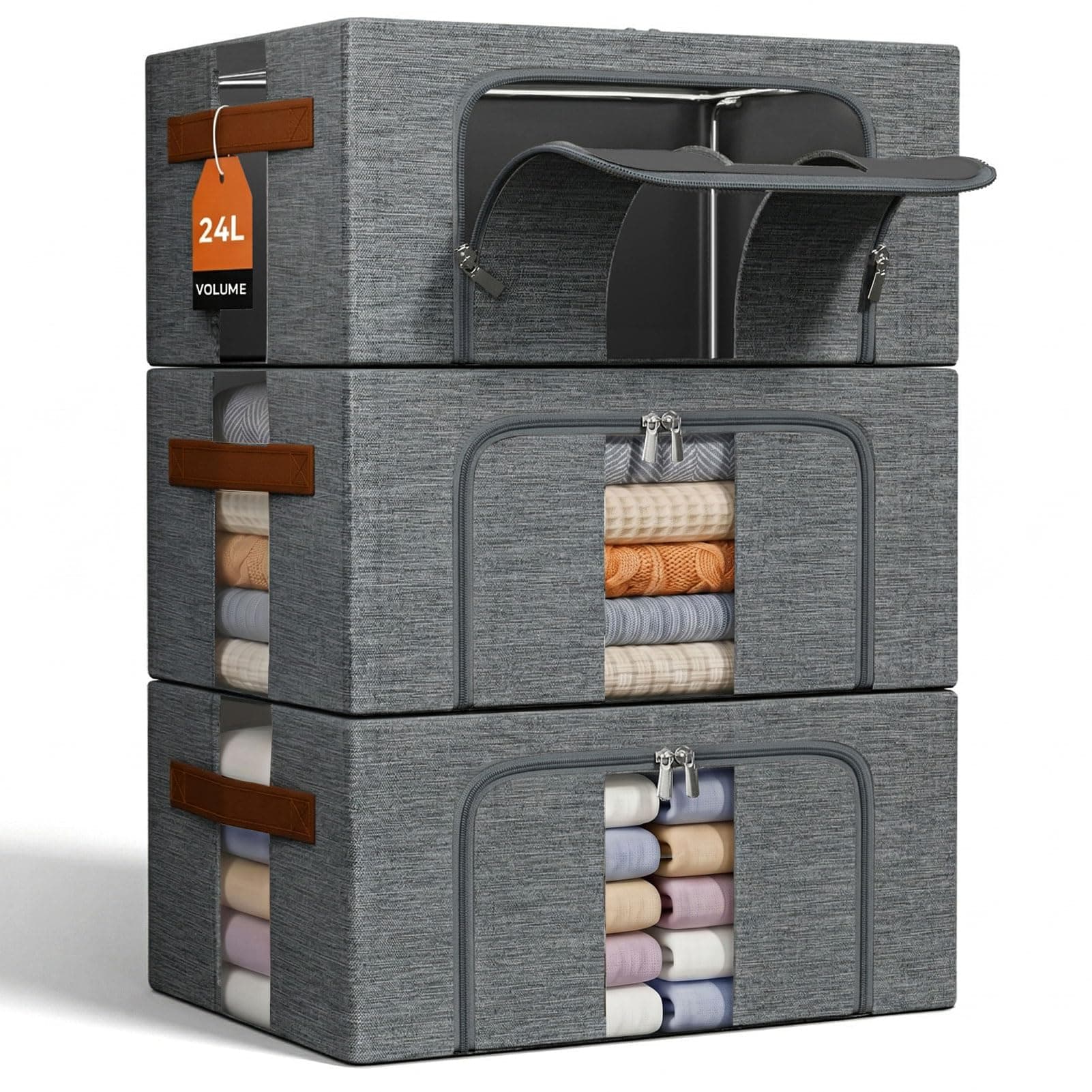 NiuBeBe Boite Rangement Vetement Pliable: Sac de Empilables Cadres Métal | pour le Organisateur des Vêtements des Draps dans les Placard (Gris, 3x24L)