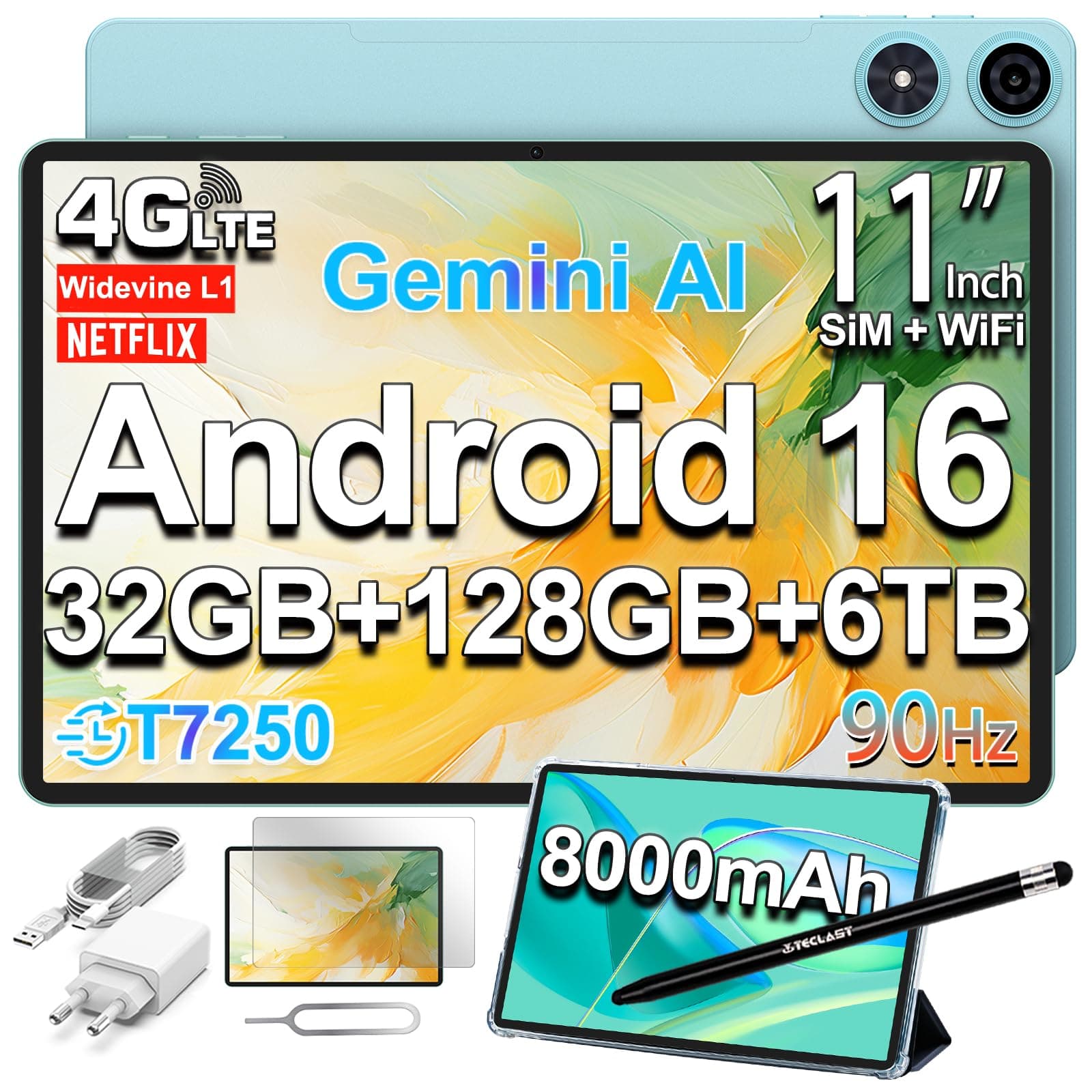 TECLAST P50 Tablet 11 Pollici 90Hz Tablets Android 16, T7250 2GHz Octa-Core, 32GB RAM+128GB ROM(TF 6TB), 8000mAh, Dual SIM 4G LTE+5G WiFi, Widevine L1/13MP/GPS/OTG, Gemini AI Tablet con Penna+Custodia