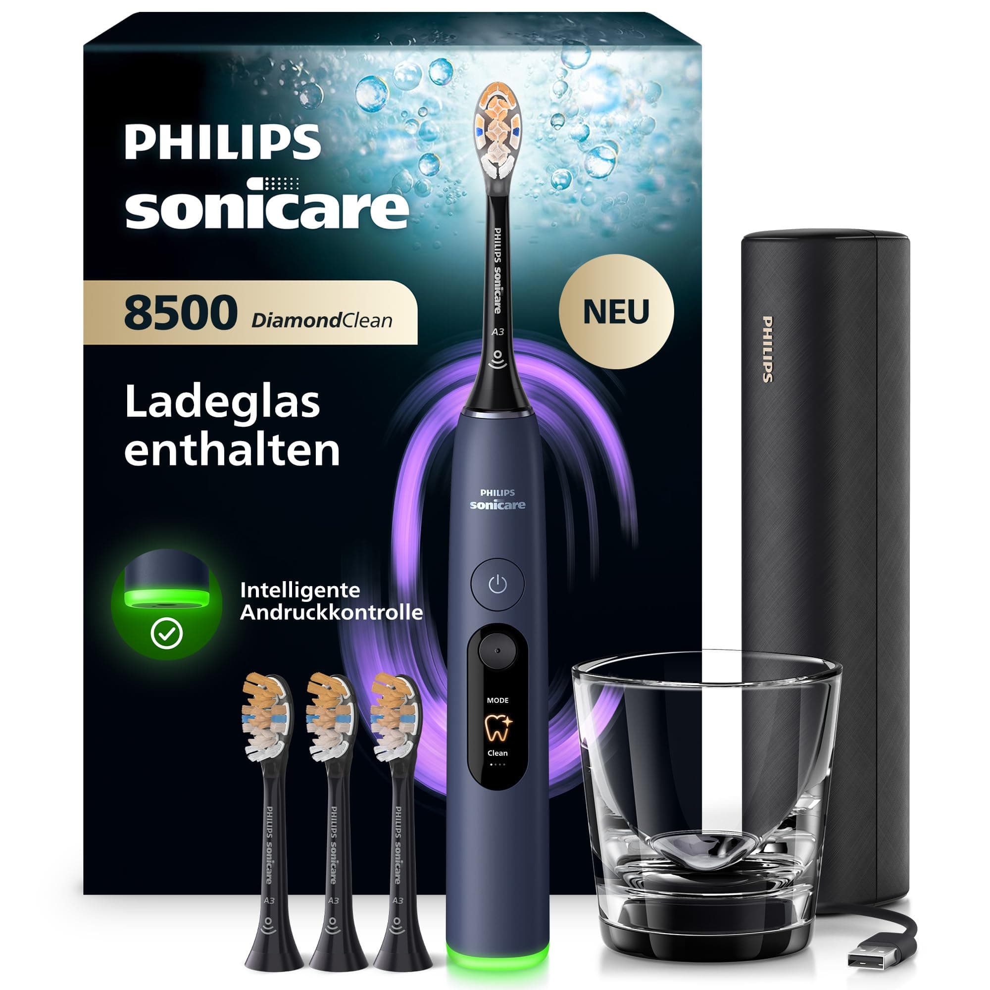 Philips Sonicare Next-Generation DiamondClean 8500 elektrische Zahnbürste - mit intelligenter Andruckkontrolle und 18 Einstellungen, Dunkelblau, HX8515/13
