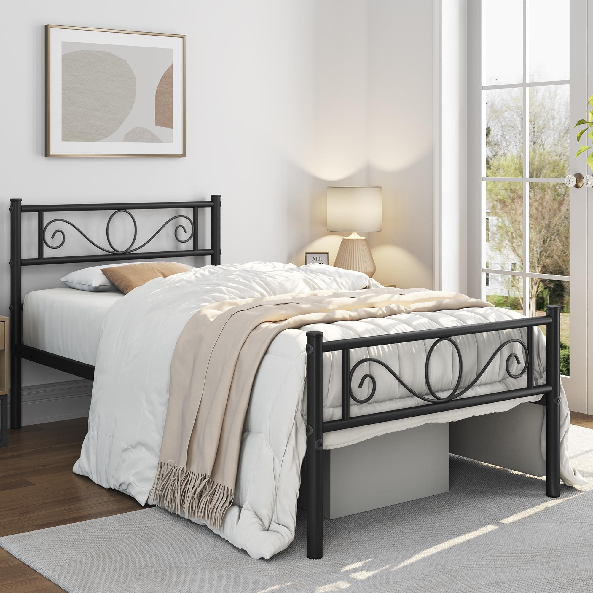 Yaheetech Letto Singolo in Ferro Battuto a Doghe Struttura Letto in Metallo 90 x 190 cm Stile Rustico Moderno Testiera Elegante Nero Portata 136 kg