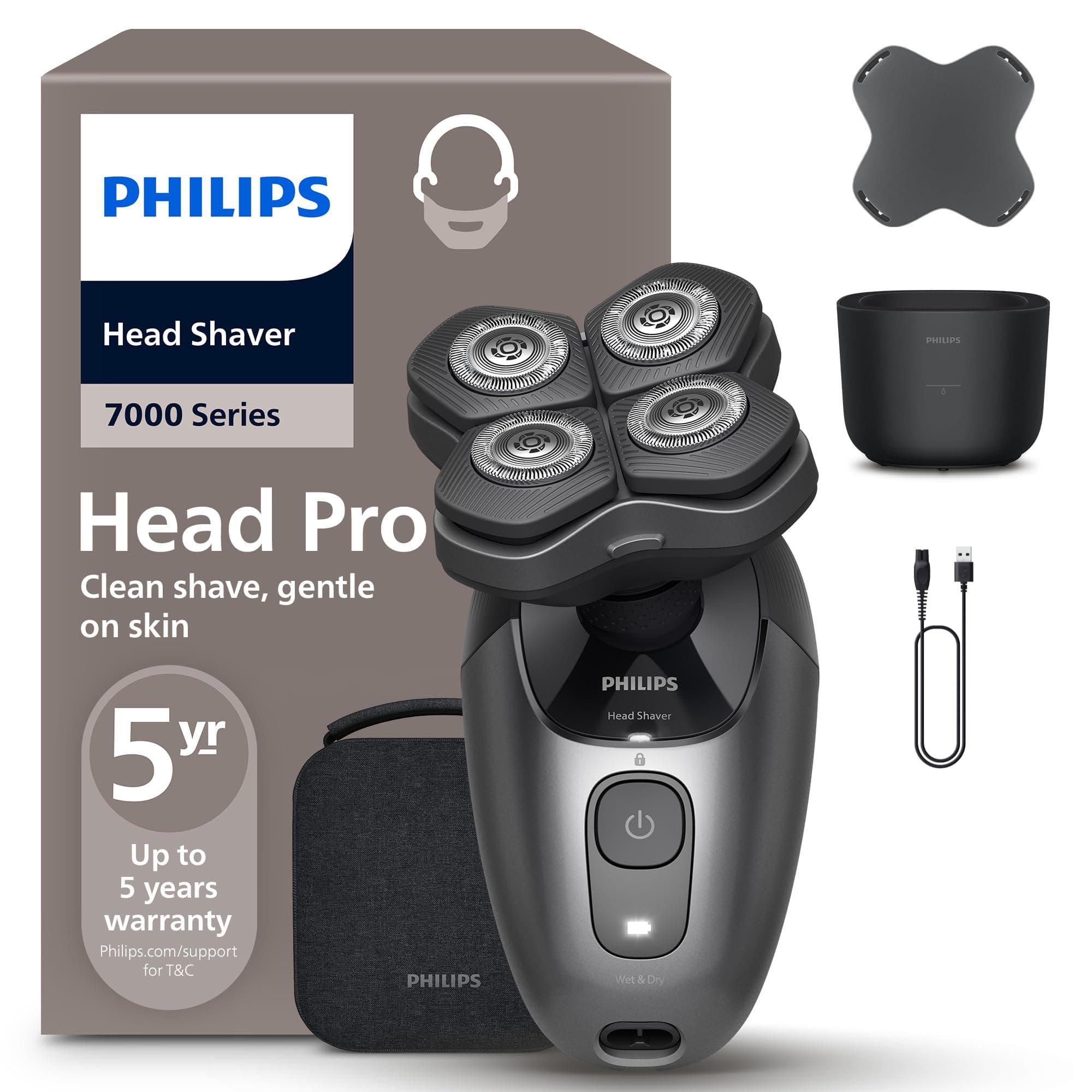 Philips Head Shaver Pro Serie 7000- Rasoio per uomo e donna, testina flessibile a 360° e lame ComfortCut per una rasatura pulita e delicata sulla pelle, modello HS7980/15