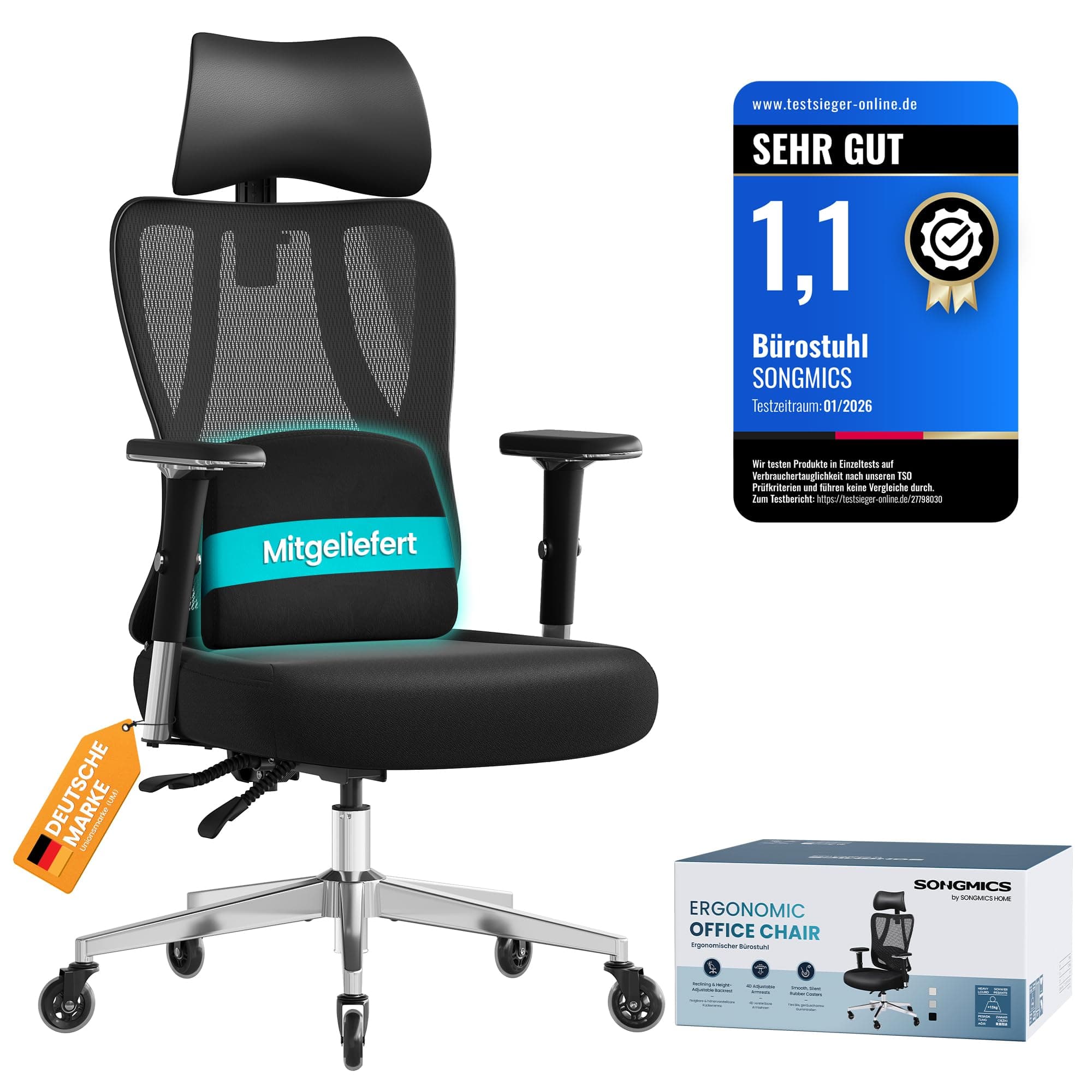SONGMICS Silla de Oficina Ergonómica, Soporte Lumbar, Carga 150 kg | Silla de Escritorio de Malla, Reposacabezas Ajustables, Negro Tinta, Colección KIME OBN067BH01