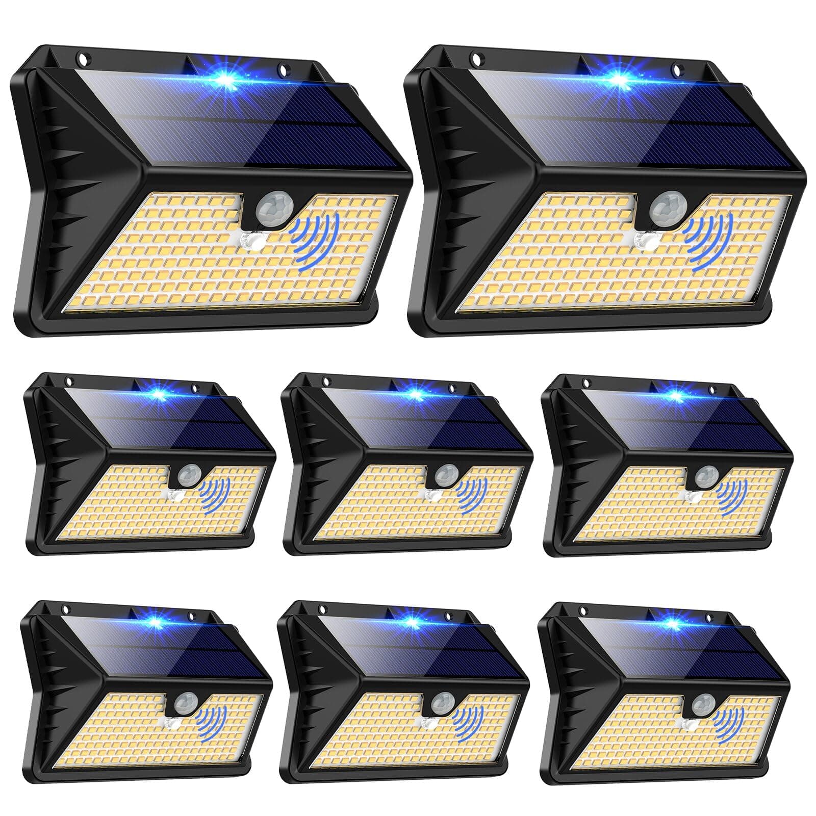 OUILA Luces Solares LED Exterior 8 Paquete, 185 LED/3 Modos Con Sensor de Movimiento, IP65 Impermeable para Jardín, Garaje (Blanco Cálido)