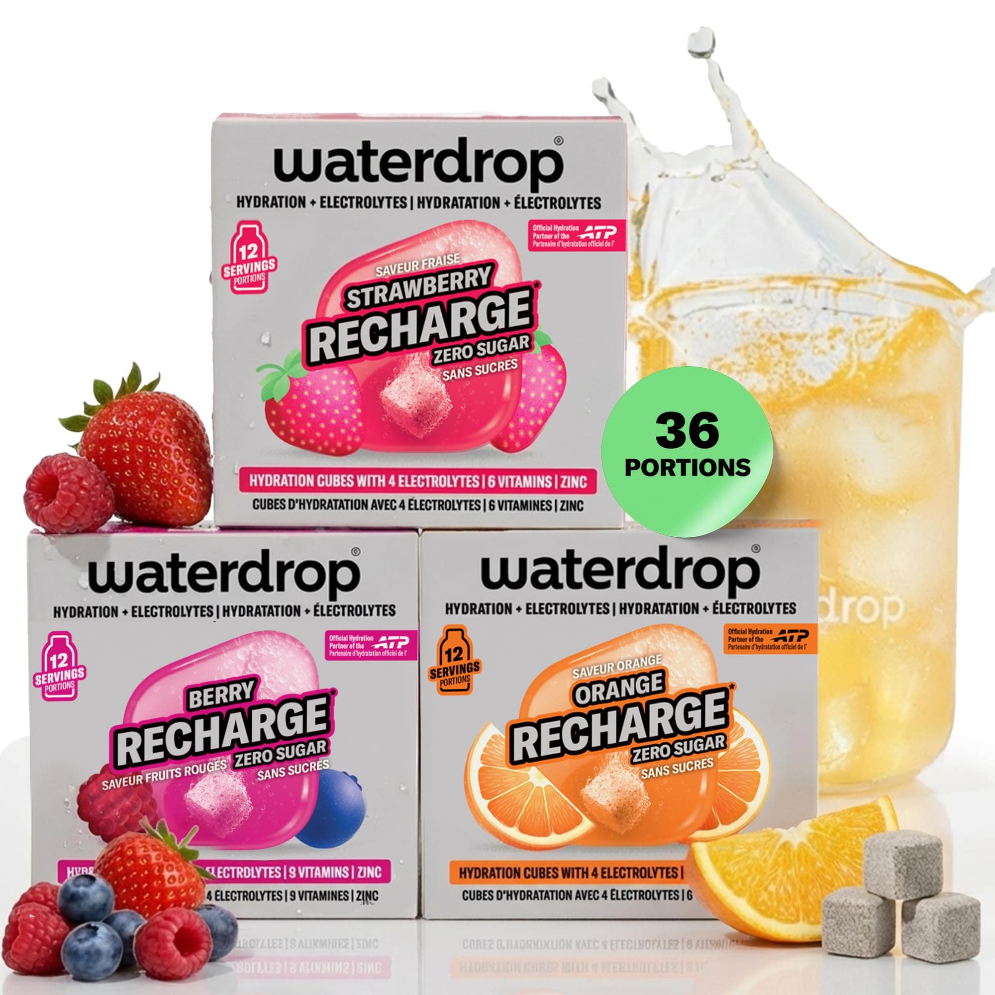 waterdrop® Microlyte Mix – Électrolytes sans sucre pour hydratation sport – 36 cubes de boisson avec magnésium, calcium, zinc et sodium – Arômes Orange, Fraise & Baie