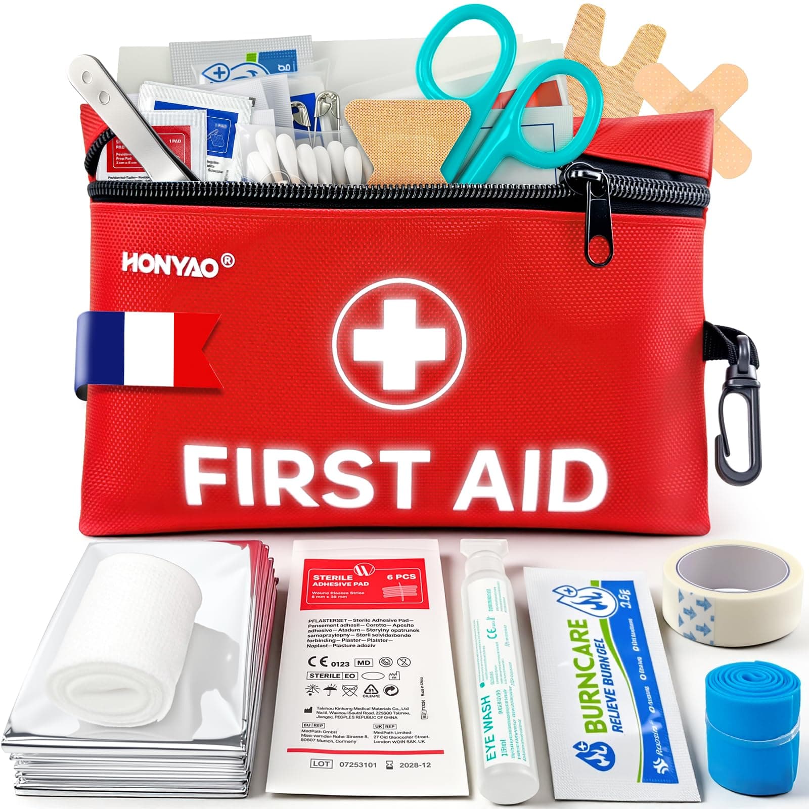 HONYAO Trousse de Secours 105 Pièces, Trousse à Pharmacie Voyage, Kit de Premier Secours pour Maison Randonnée Voiture Camping Enfant Lieu de Travail, Rouge