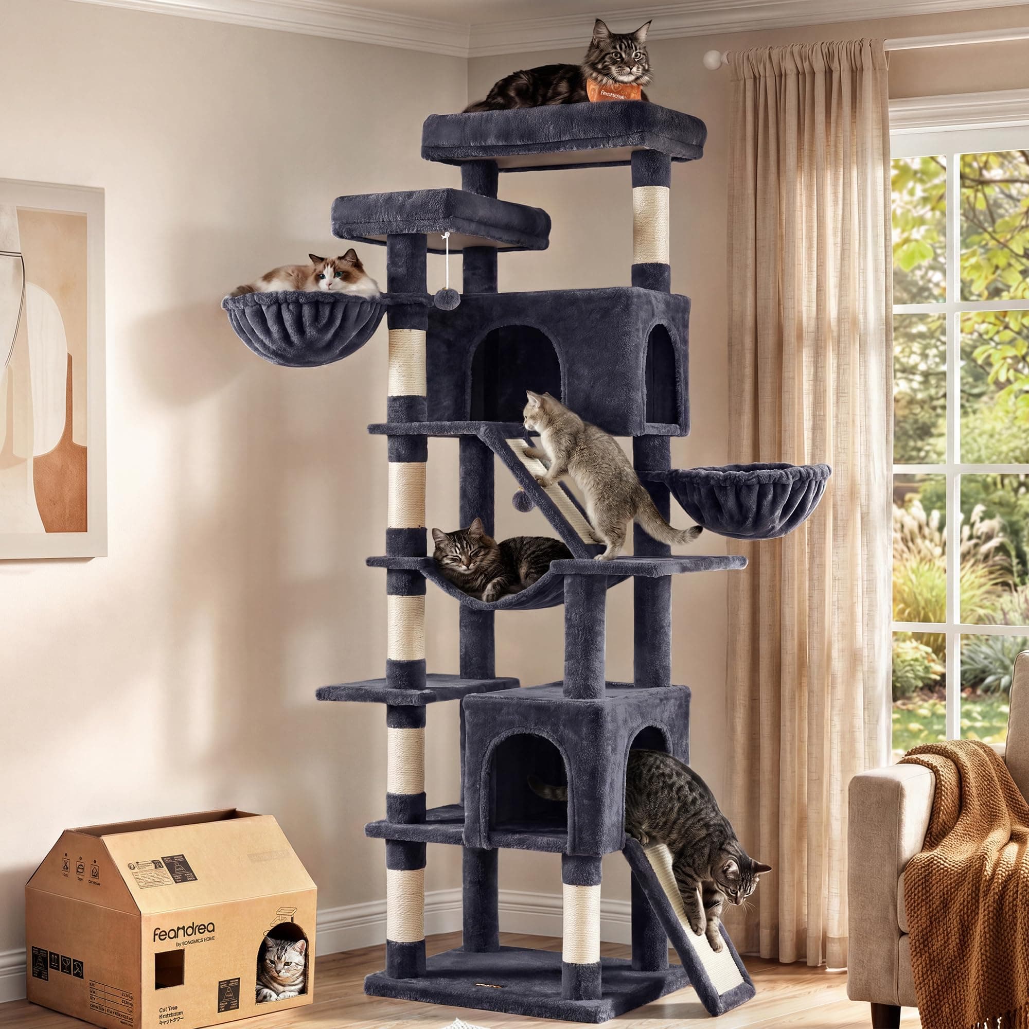 Feandrea Arbre à Chat XXL, Tour d'Activités en Sisal, 55 x 45 x 206 cm | 7 Zones de Repos avec Griffoir, pour Multi-Chats, Gris Foncé, Collection CLAWFY PCT021G201