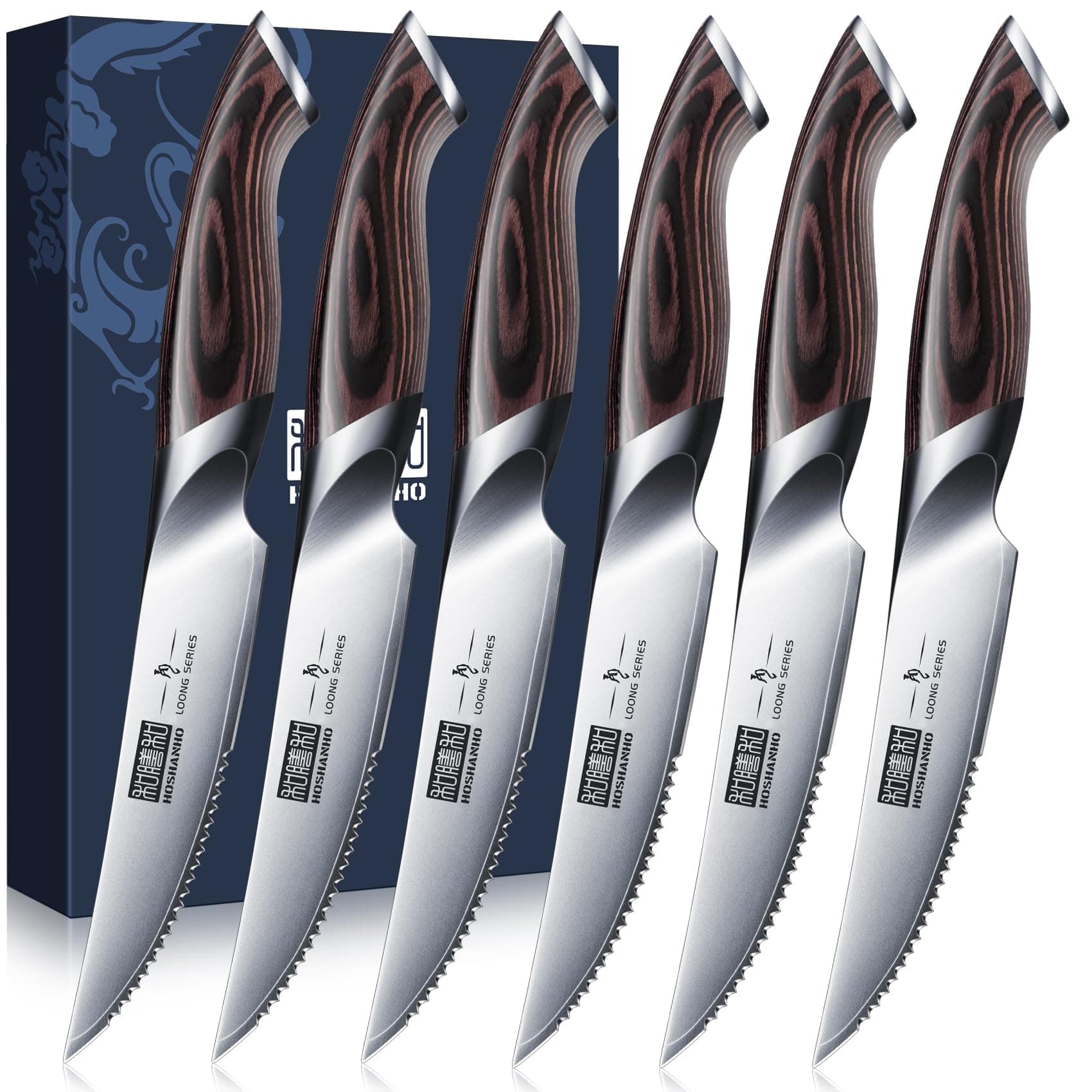 HOSHANHO Couteaux à Steak 6 Pièces, Ensemble de Couteaux à Steak Dentelés | Ultra Tranchants Couverts à Steak de Cuisine Japonais de 11,5 cm en Acier à Haute Teneur en Carbone avec Poignée Ergonomi