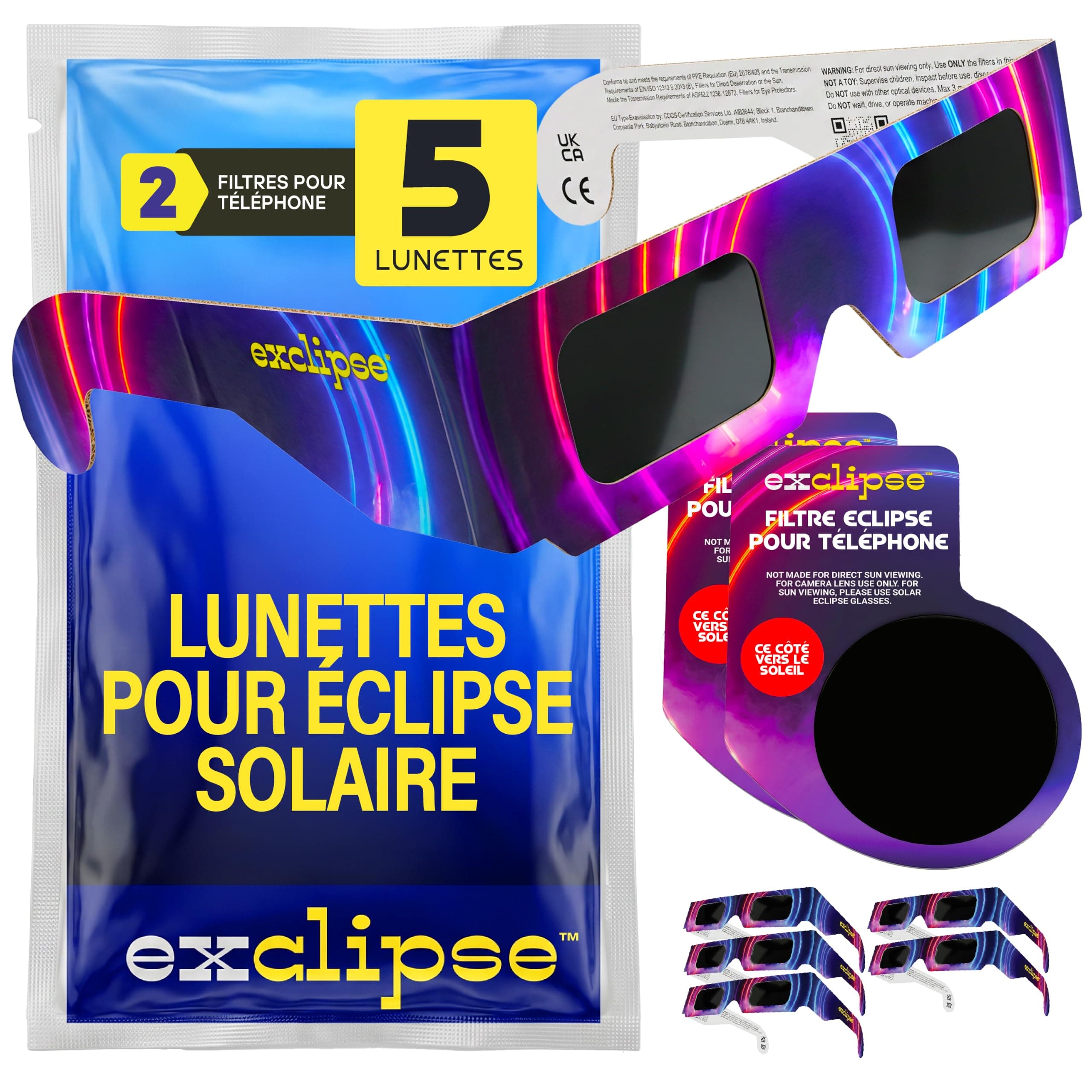 Lunettes Éclipse Solaire 5 Pack avec 2 Filtres Smartphone – Certifiées ISO 12312-2 et CE & UKCA, Kit Complet pour Observer et Photographier l’Éclipse AAS 2026