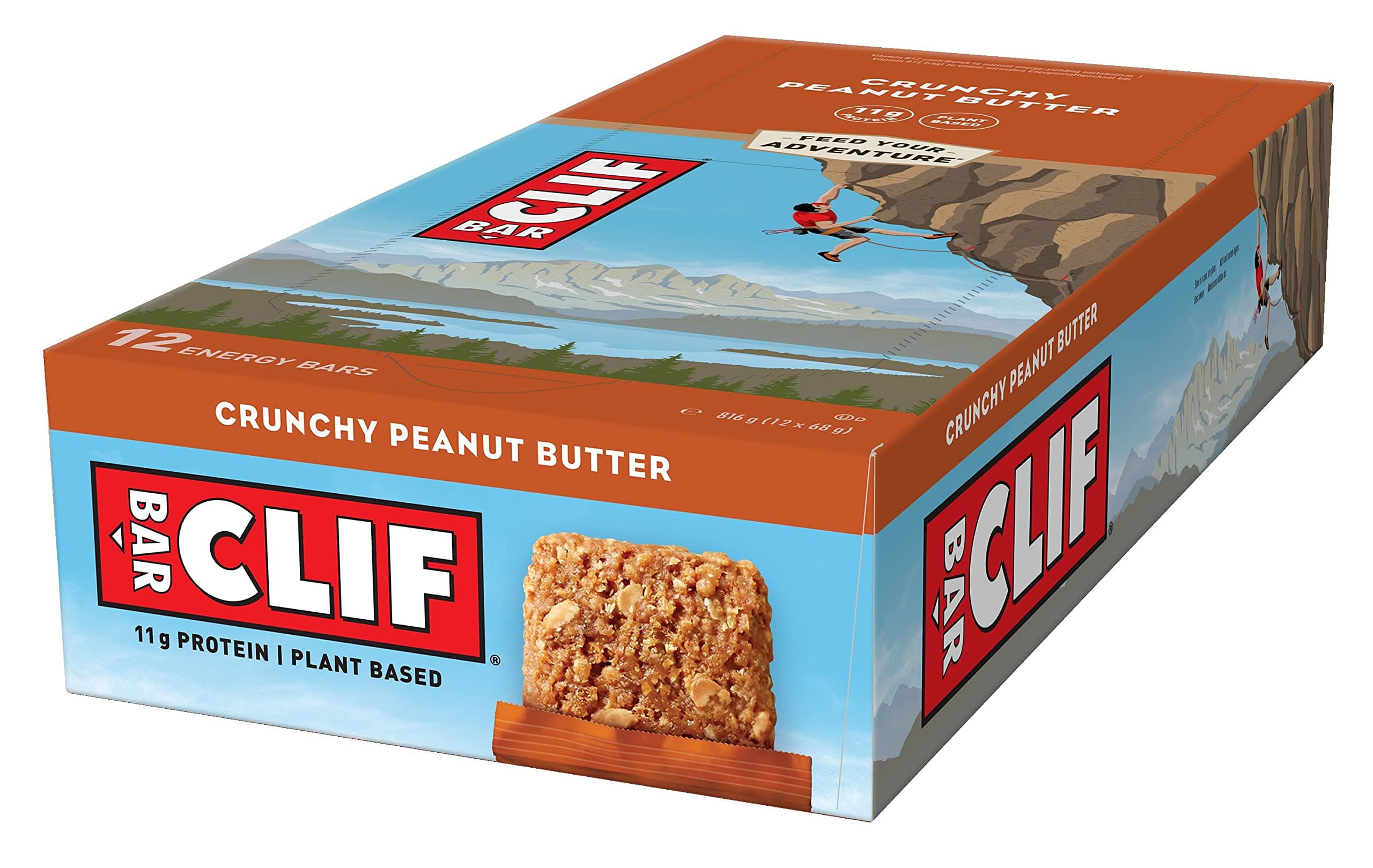 CLIF BAR | Energieriegel | mit 11g pflanzlichem Eiweiß | Crunchy Peanut Butter | Energy Bar | Pflanzlicher Proteinriegel für Laufen, Marathon-Training, Radfahren und Ausdauersport | 12 x 68 g