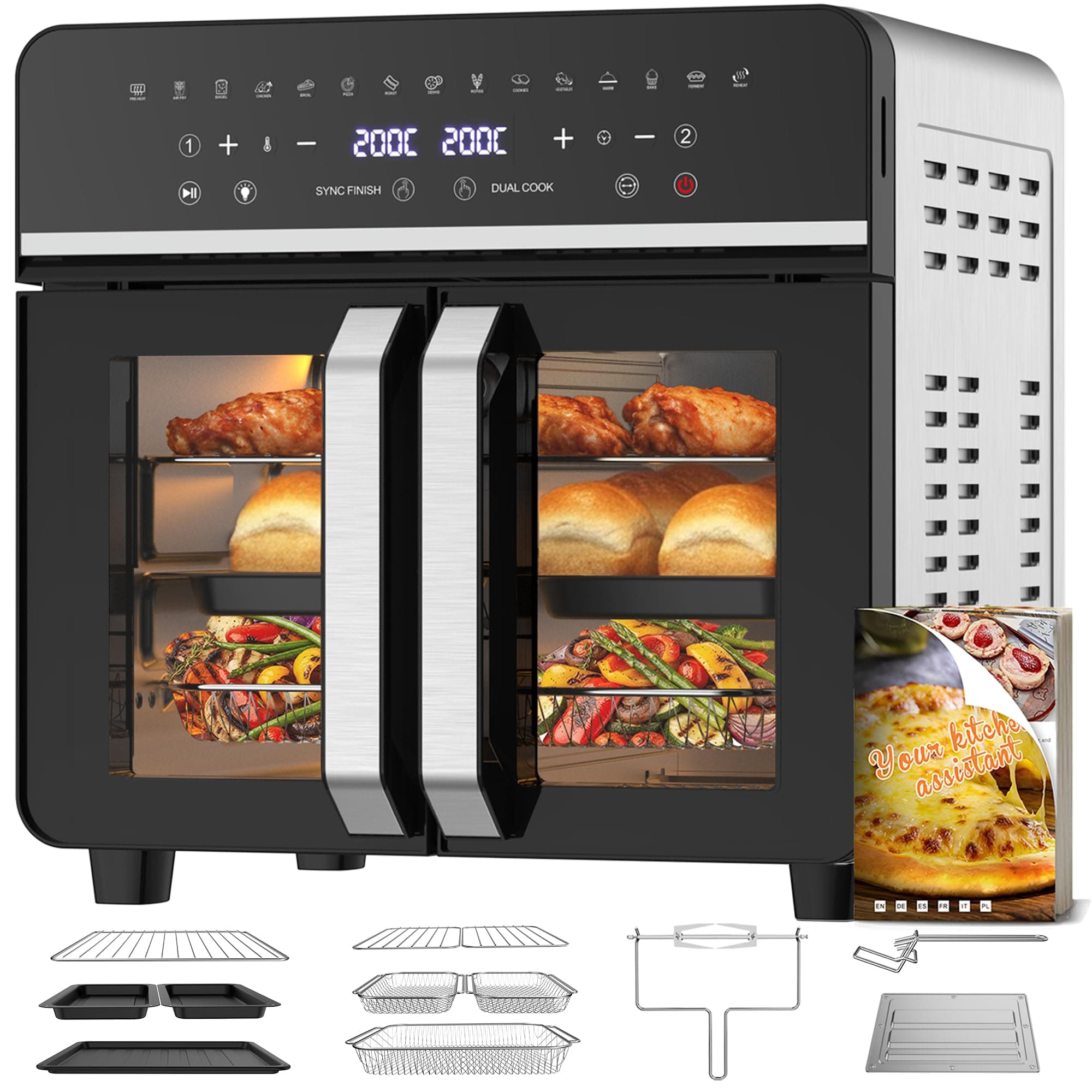 23L Freidora de Aire Familiar, Mini Horno Zona Cocción Única/Doble,Sep Temp | 15-en-1 Puertas Francesas/Ventana con Vista/Iluminación Interior, Freidora Aire Grande Familia, Air Fryer para 4-8 Personas