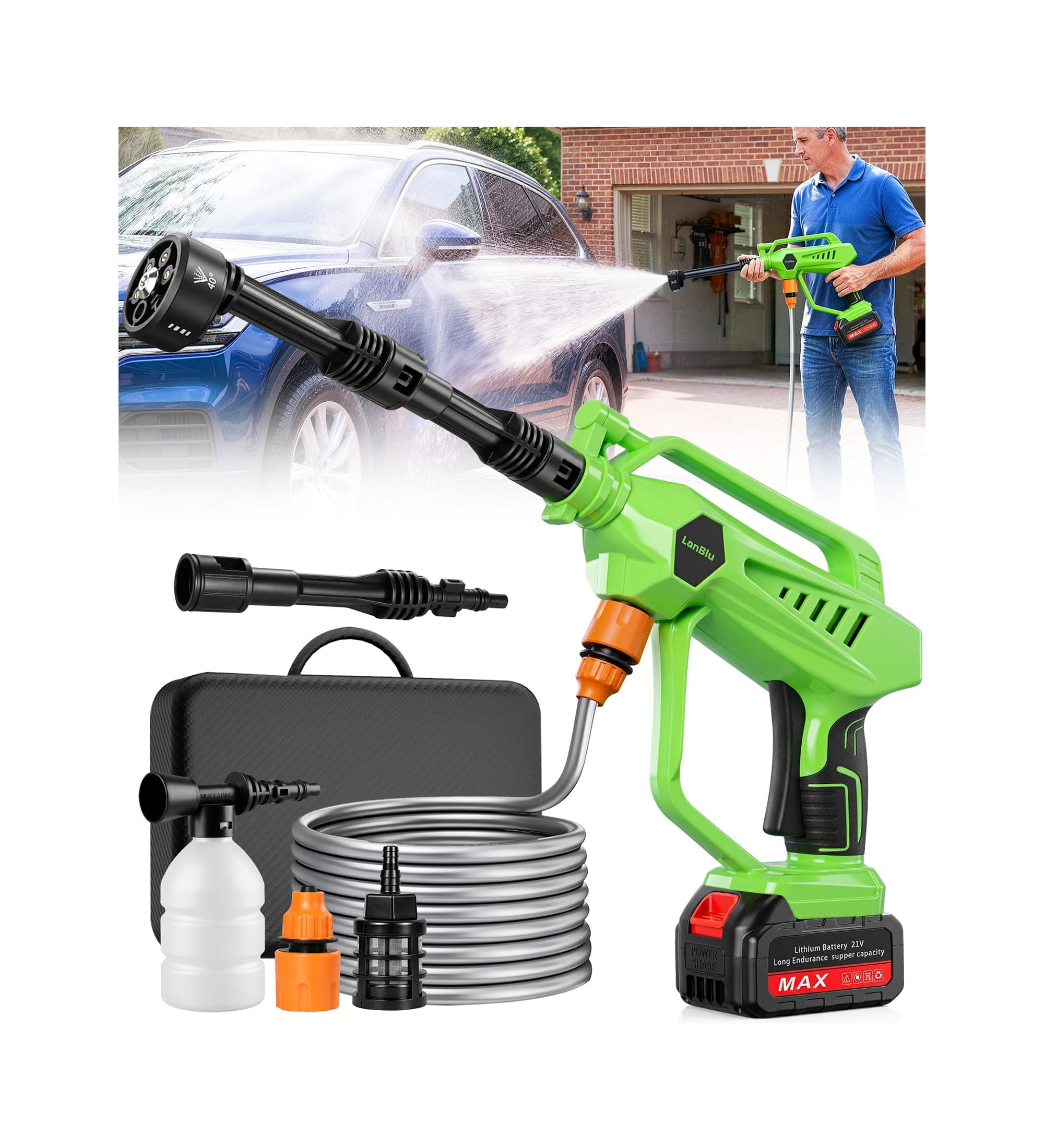 Hidrolimpiadora de Alta Presion, 800PSI Portátil Hidrolimpiadora Bateria | 3 Niveles de Presión Regulables Pistola de Agua a Presión con Boquilla Ajustable 6 en 1, Pistola Hidrolimpiadora para Coche