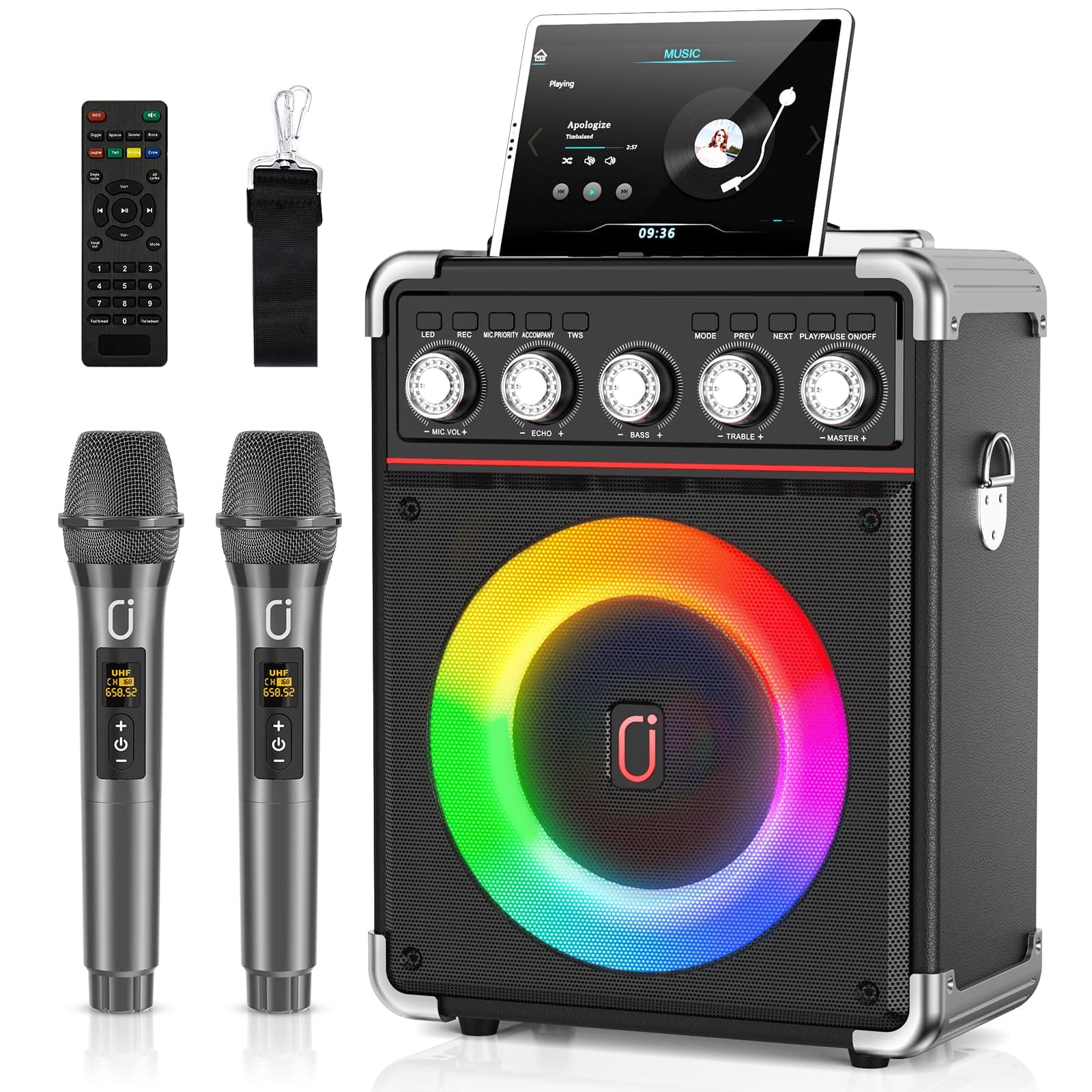 JYX Karaoke 2 microfonos inalambricos, portatil Karaoke Profesional Completo, Altavoz Karaoke de Sistema PA potatil y Luz LED y Mando a Distancia, soporta Bluetooth/TF/USB/AUX/TWS