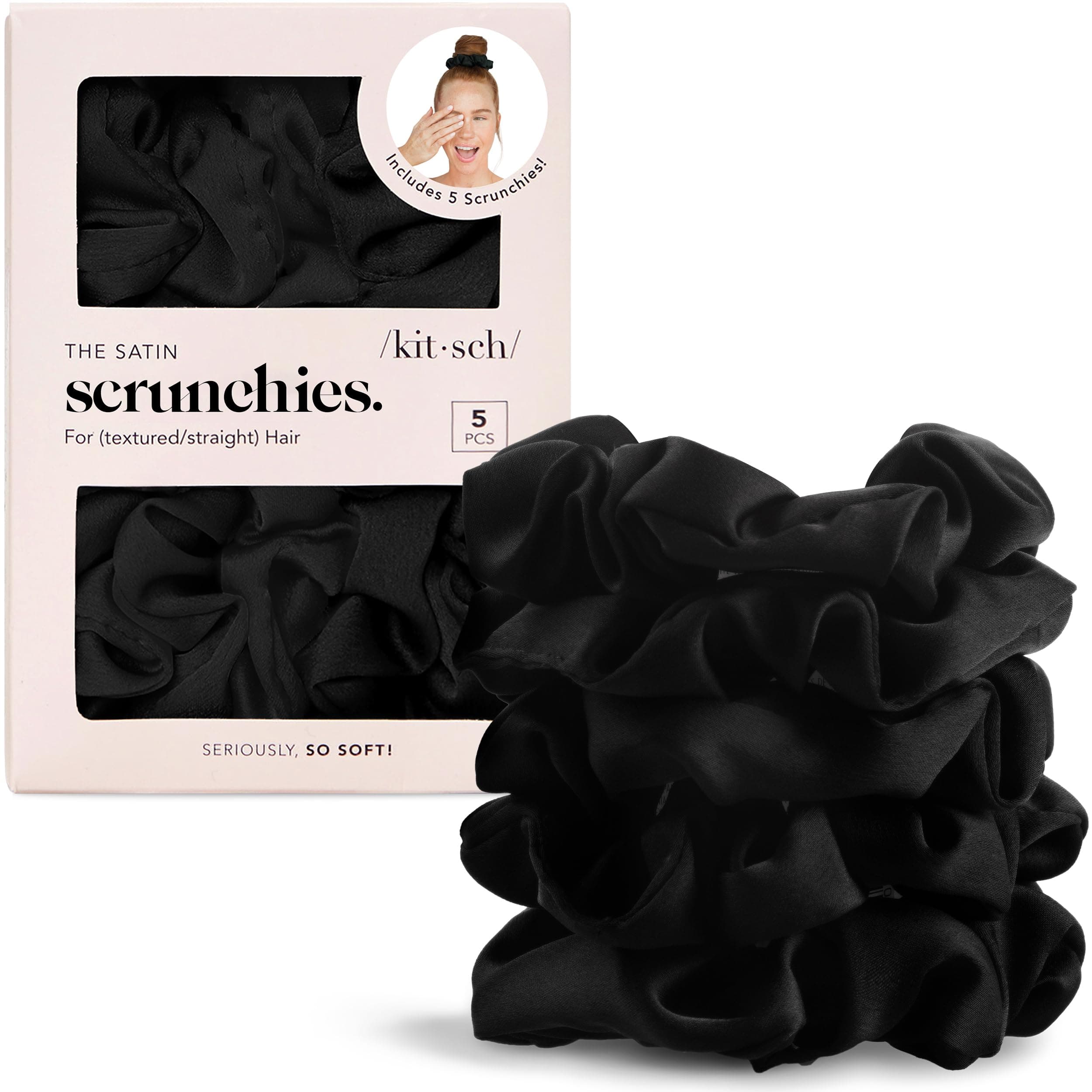 Kitsch Scrunchies Di Raso Per Capelli Per Le Donne - Più Morbido Di Seta Scrunchies | Scrunchies Di Raso Per Le Ragazze | Legami Di Capelli Di Raso Per Le Donne | Coda Di Cavallo, 5 Pezzi (Nero)