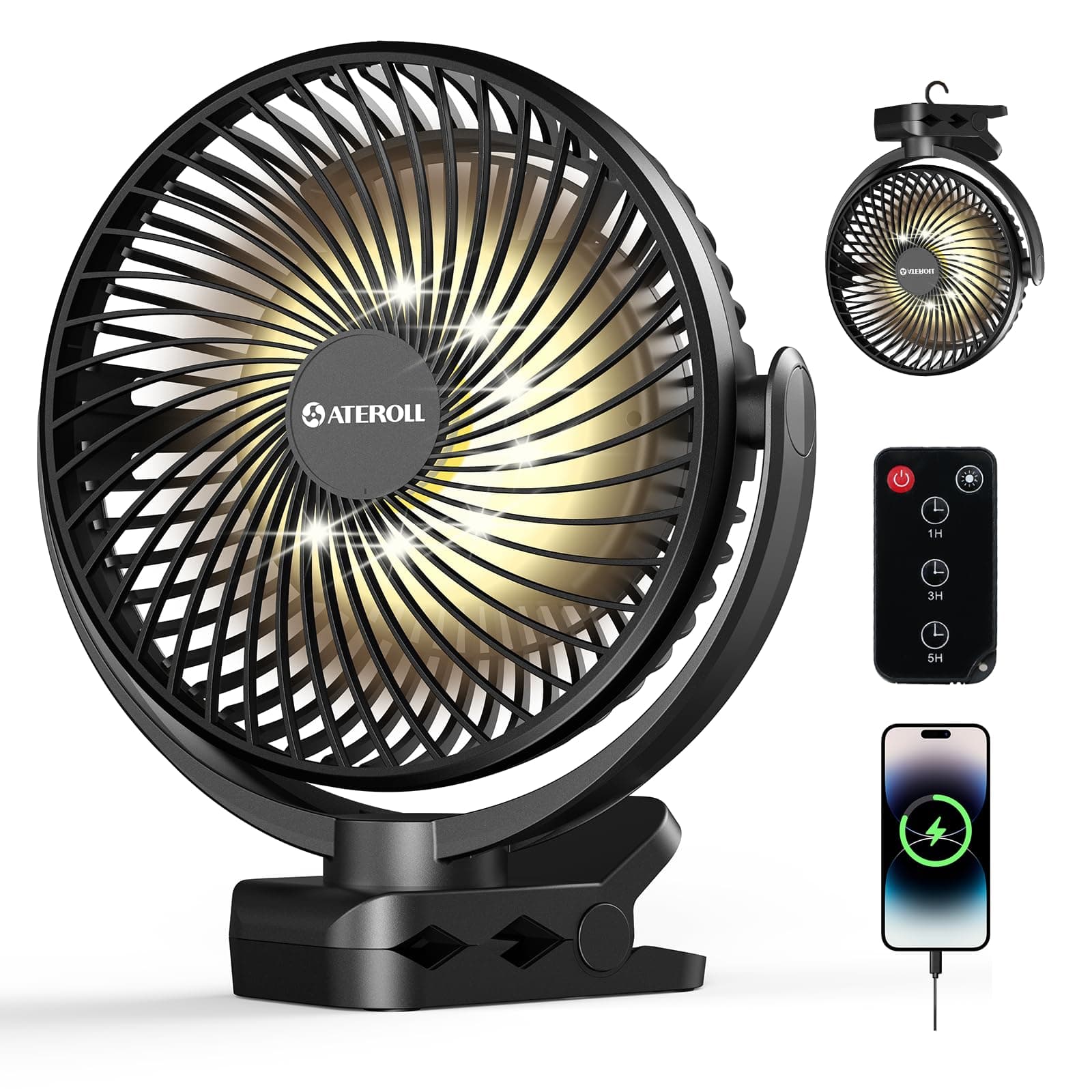 Ateroll Ventilateur de Bureau Pince 10 000 mAh Télécommande, 3 Vitesses, Batterie USB Minuterie & Lumières LED, Rotation à 360 ° Ventilateur Portable Silencieux Alimenté Piles pour Voiture, Camping