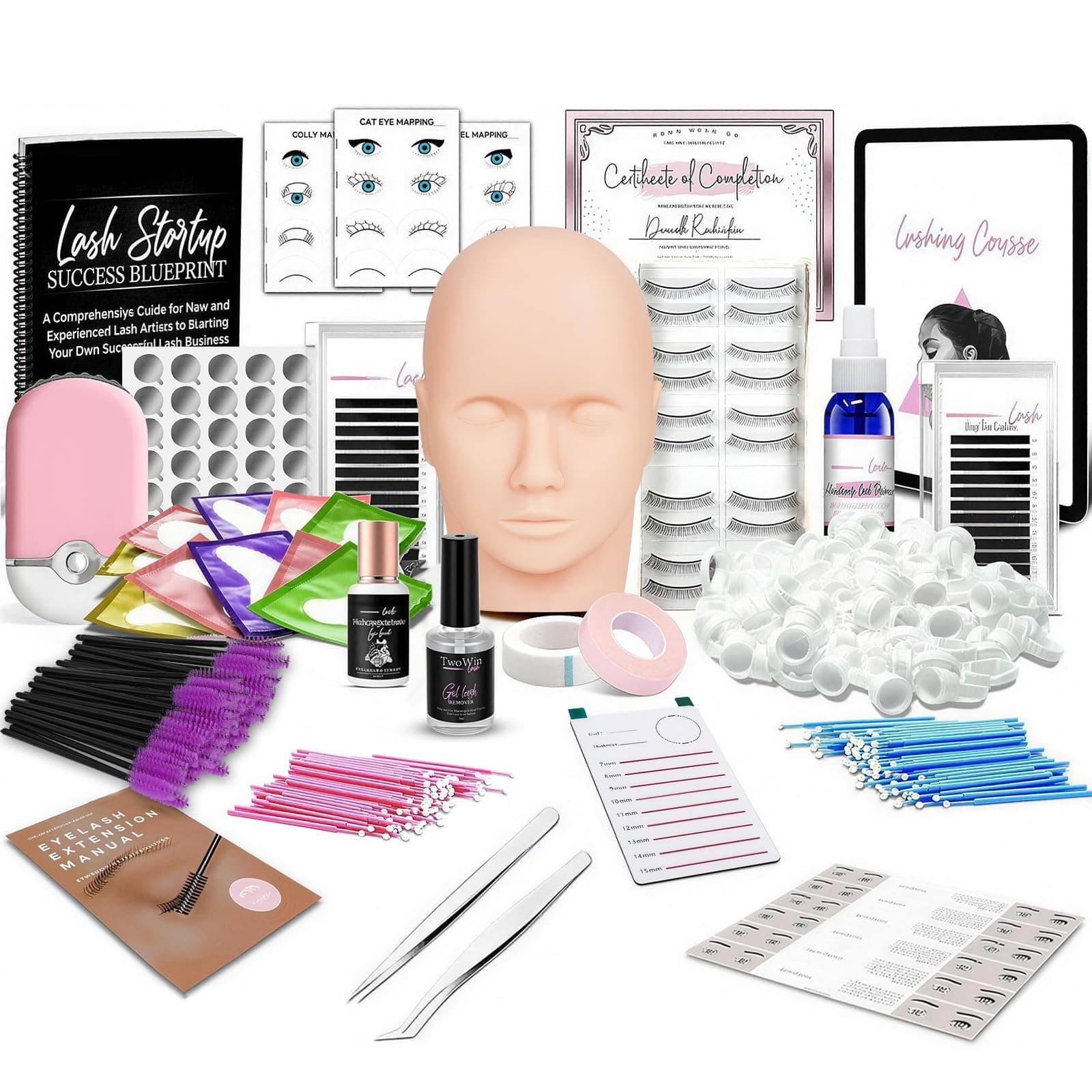 TwoWin Kit Extensiones de Pestañas Profesional Completo | Kit de Pestañas para Principiantes y Técnicos– Incluye Maniquí de Práctica Realista, Ventilador USB, Pinzas, Pegamento