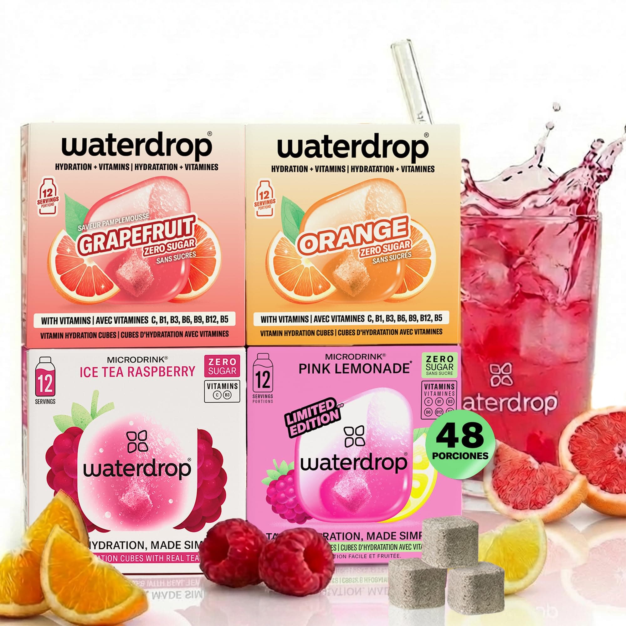 waterdrop® Microdrink Mix, 48 Pastillas Saborizantes Para Agua, Bebidas Mix 4 Sabores Afrutados Sin Azúcar, baja en calorías y con vitaminas, Bebida Instantánea, Polvo de Hidratación, Para Botella