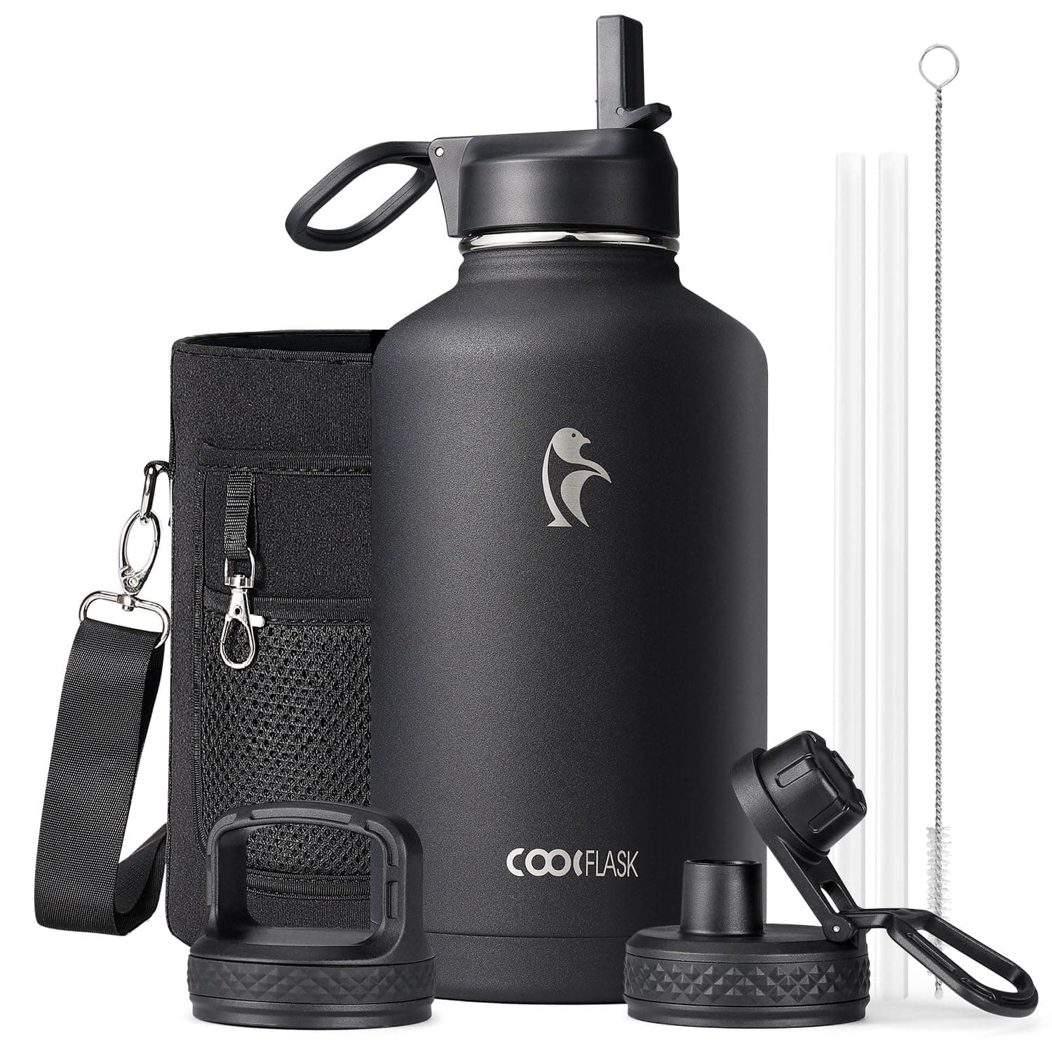 Coolflask borraccia termica Isolata 2L con Cannuccia e 3 Coperchi - Doppia Parete Sottovuoto a Prova di Perdite per Freddo e Caldo, Nero