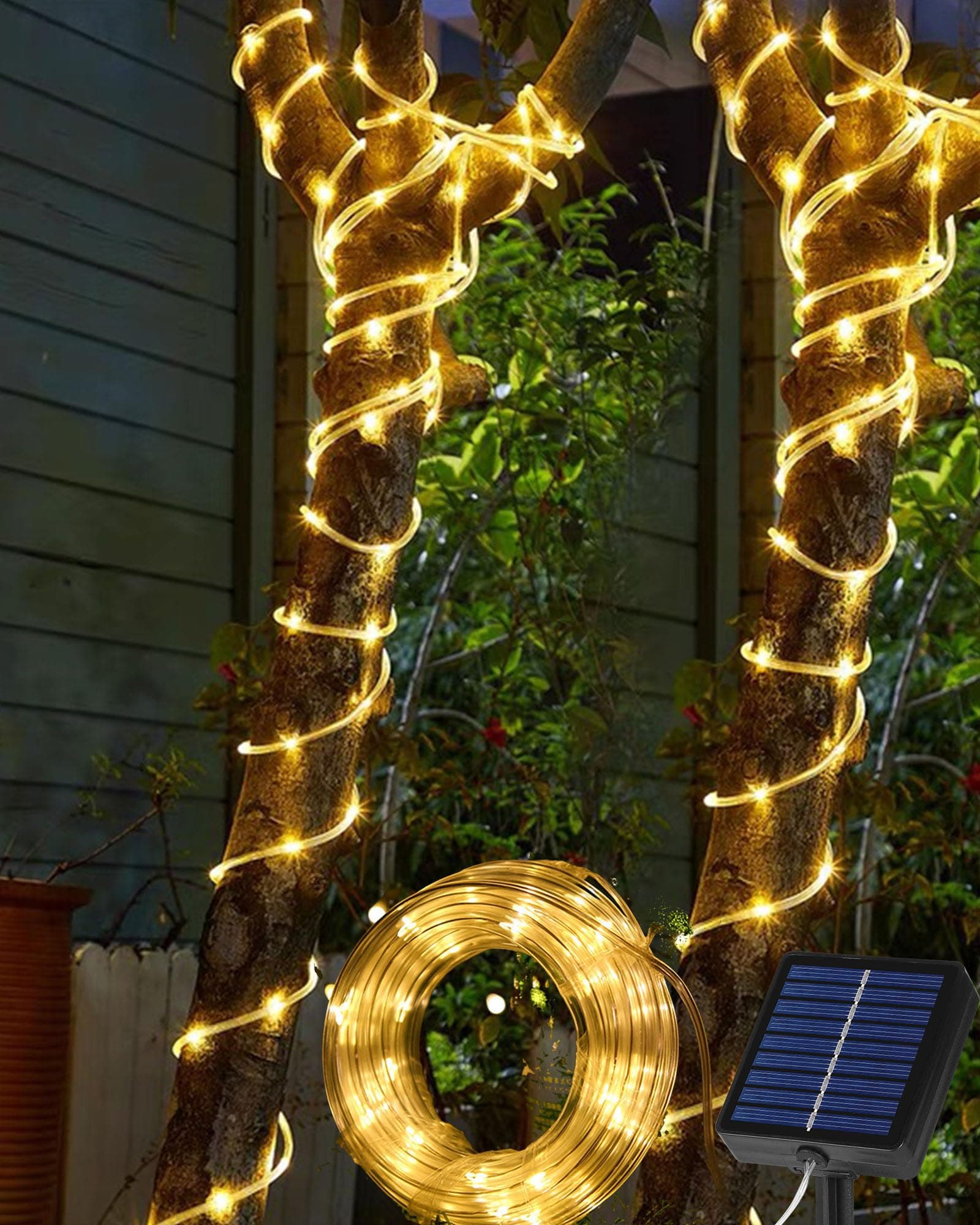 Tacobey Guirnalda Luces de Tubo Exterior Solar, 10m 100 led Cadena de Luces Solares con función de Temporizador, 8 Modos, Impermeable, Decoración para Jardín, Terraza, Patio (Blanco Cálido)