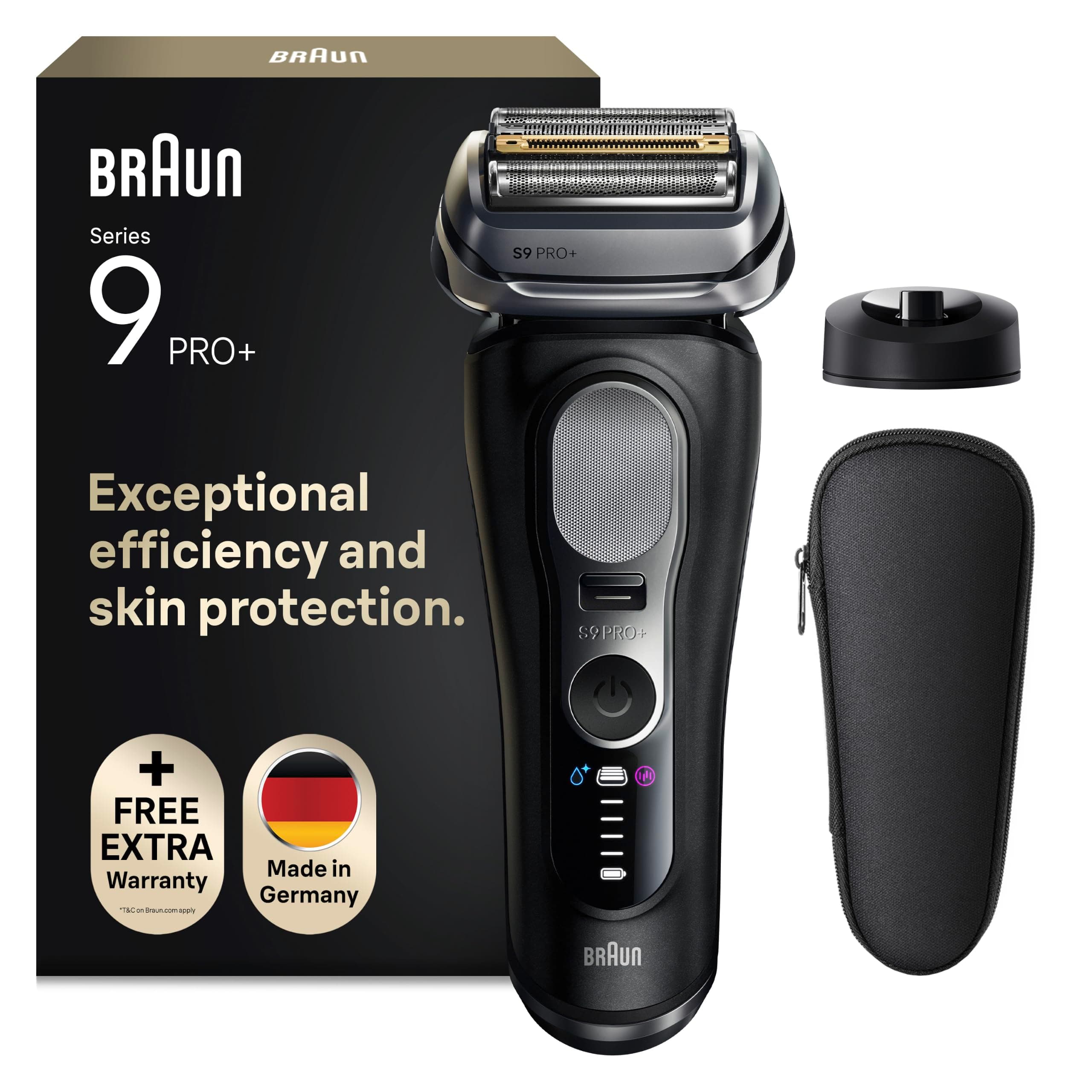 Braun Serie 9 Pro+ Rasoio Elettrico Barba, Custodia, 9610si Nero | Regolabarba Uomo Impermeabile, Ricaricabile, con Rifinitore di Precisione e Base di Ricarica, Custodia, Idea Regalo