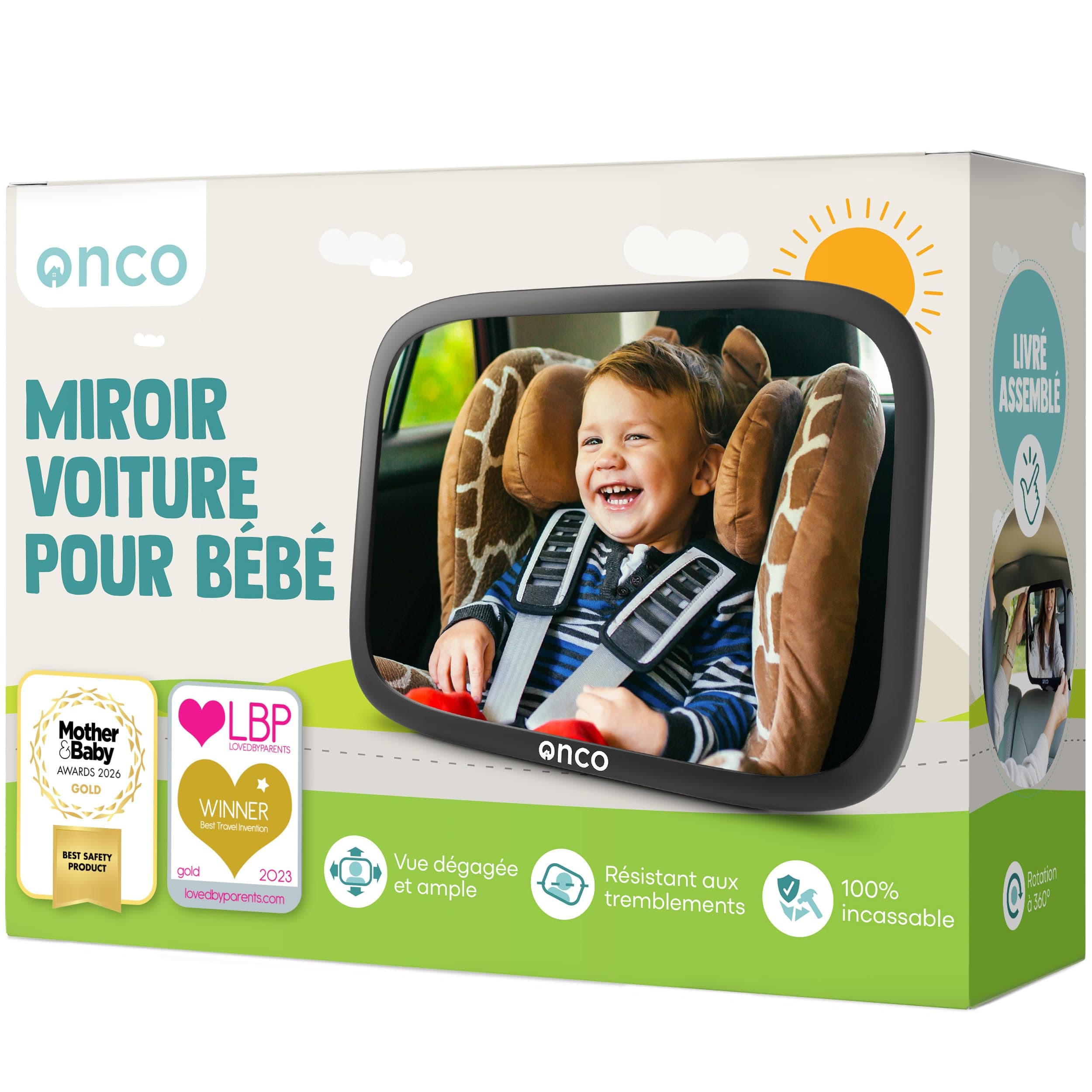 Onco Miroir Voiture Bébé Siège Dos à la Route - Incassable & Grand Angle | Doublement distingué en 2023 et 2024, ce rétroviseur intérieur pour voiture offre une vue grand angle 100% incassable.