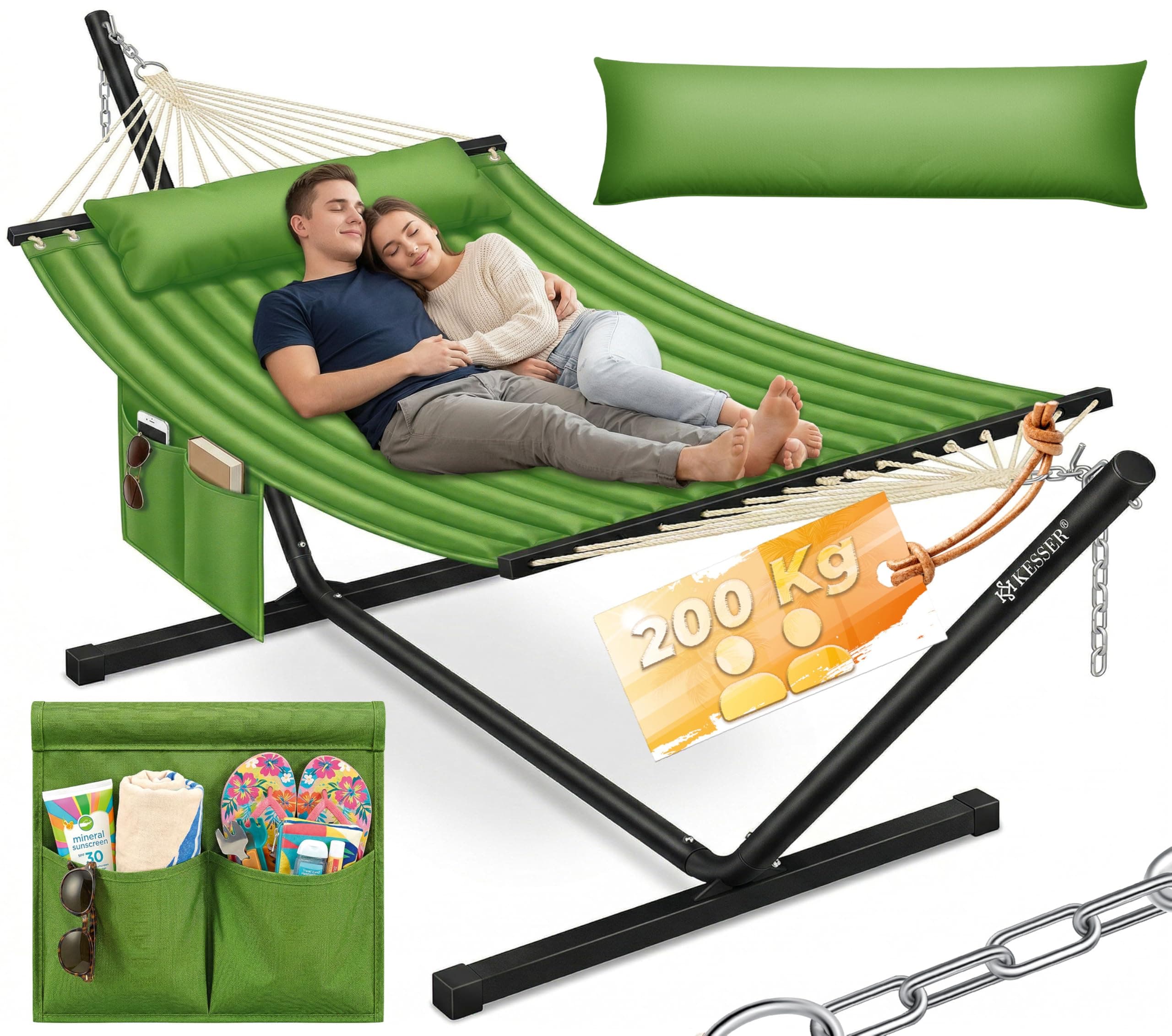 KESSER® Hamaca Hill con Estructura Almohada Doble para 2 Personas - Resistente Marco - Capacidad 200kg Interior y Exterior XXL Columpio Doble Multijugador Jardín Piscina Balcón Terraza Caqui