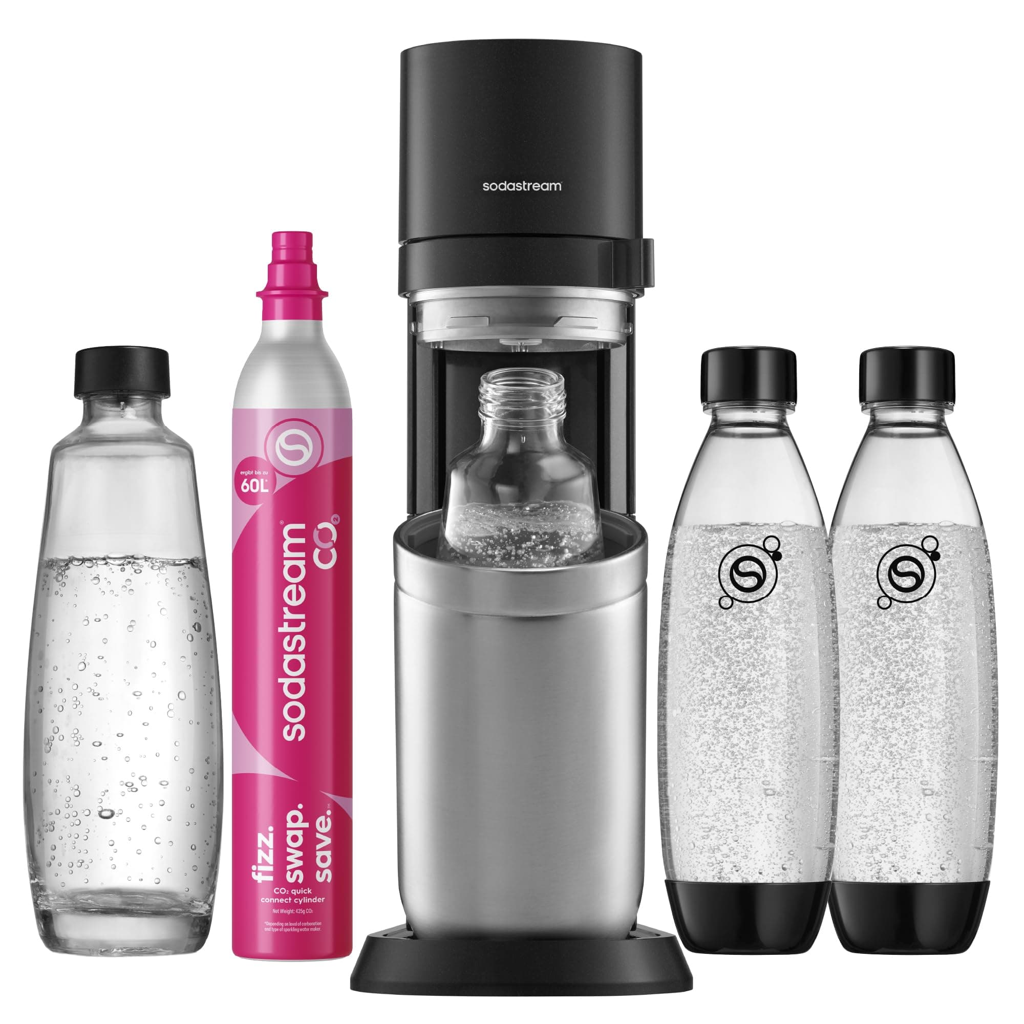 Sodastream Duo Wassersprudler mit Glasflaschen, Sprudelwasser Maschine, Quick-Connect CO2-Zylinder, inkl. 2 Glasflaschen und 2 Kunststoffflaschen, Grau