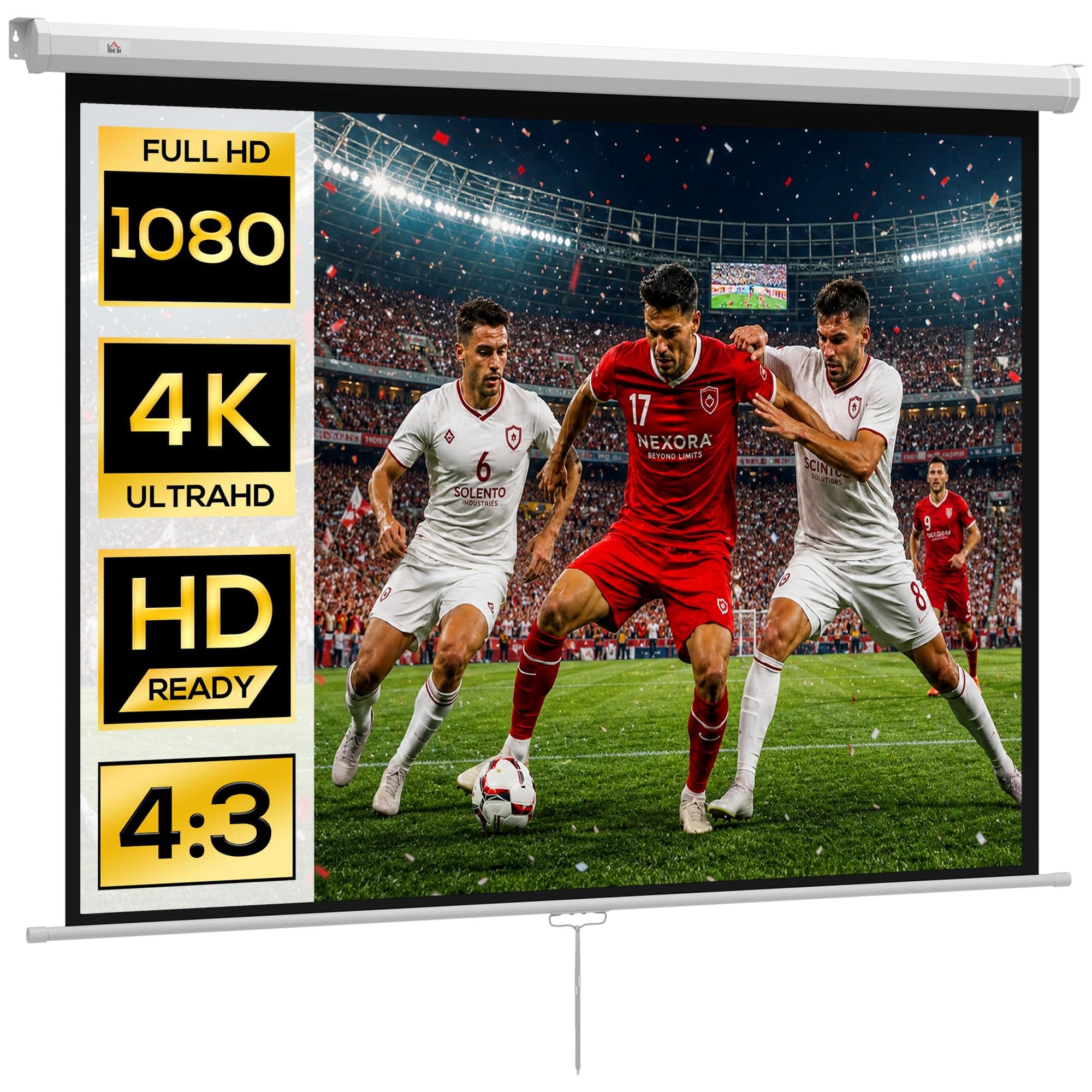 HOMCOM Écran de Projection 84" 4:3 HD 4K, Écran Videoprojecteur avec Boîtier en Métal, Hauteur Réglable Manuellement, pour Cinéma Maison, Bureau, Voyage, 171 x 128 cm, Blanc