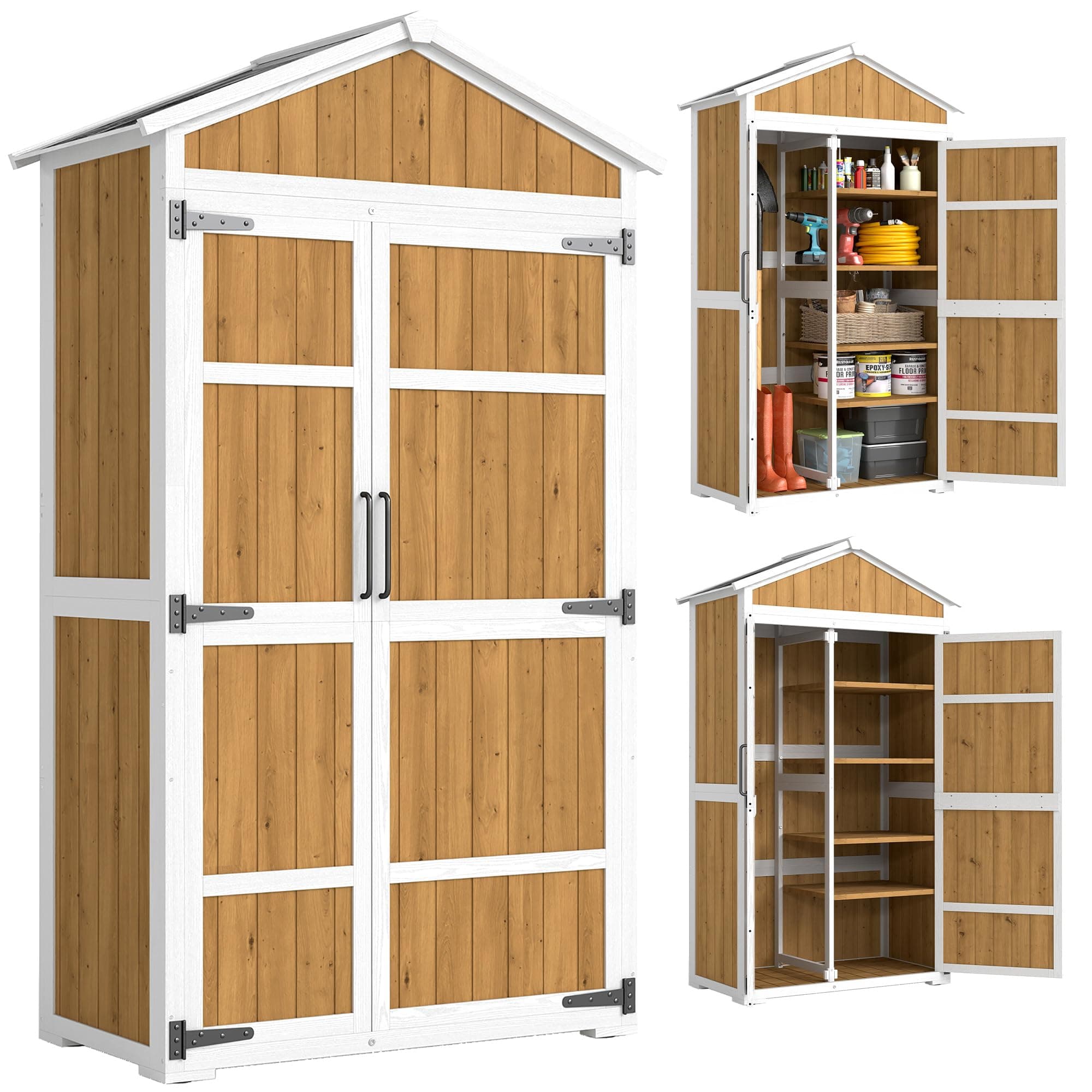 Outsunny Armoire de Jardin en Bois - Abri de Jardin Extérieur Étanche avec Toit en Métal - Meuble de Rangement Terrasse à Double Porte pour Outils de Jardinage 105x55x179cm, Blanc et Naturel
