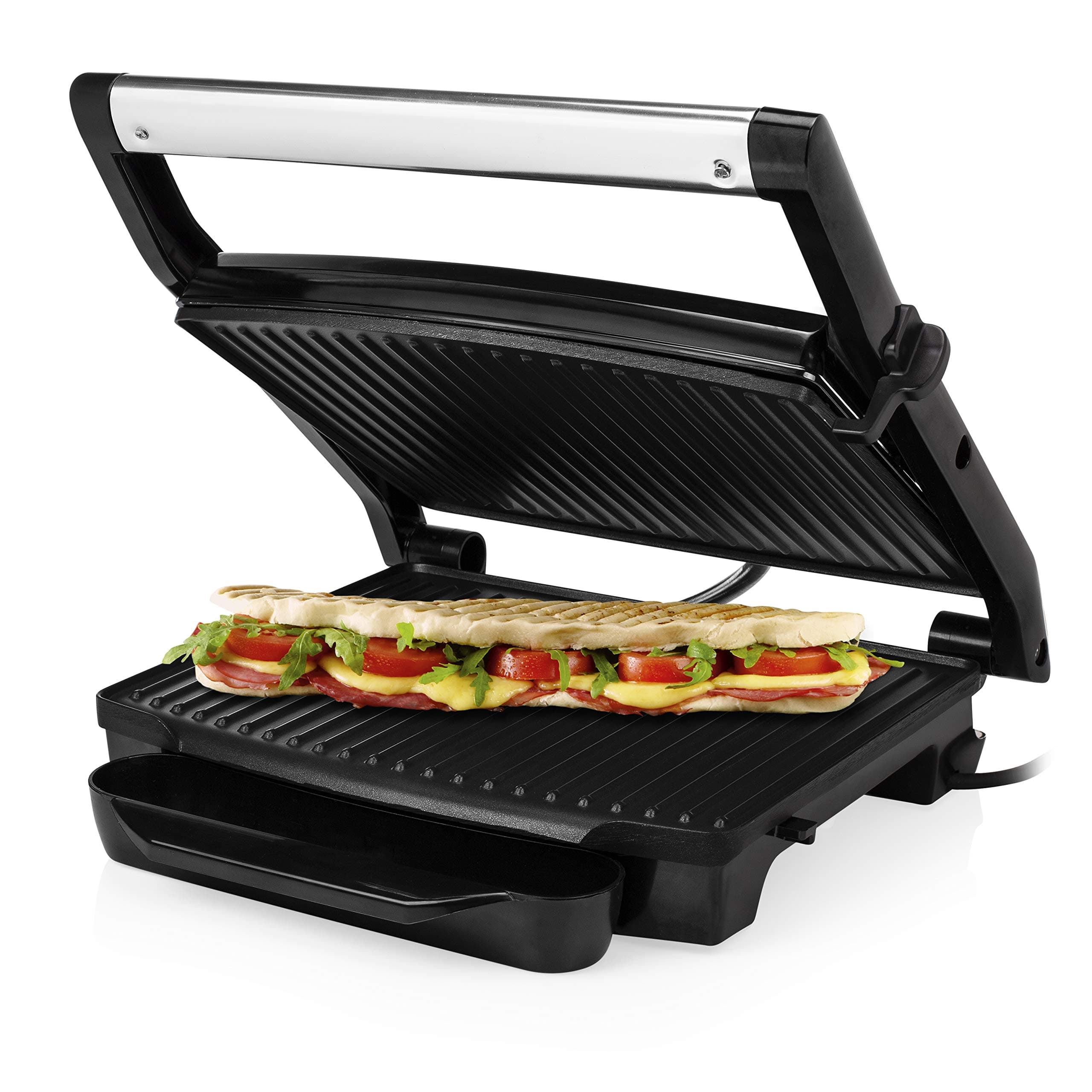 Princess 112415 Grill para bocadillos con tapa flotante y plancha, Se puede guardar en vertical u horizontal, superficie de la parrilla 30 x 24 cm, bandeja recoge grasa, 2000 W