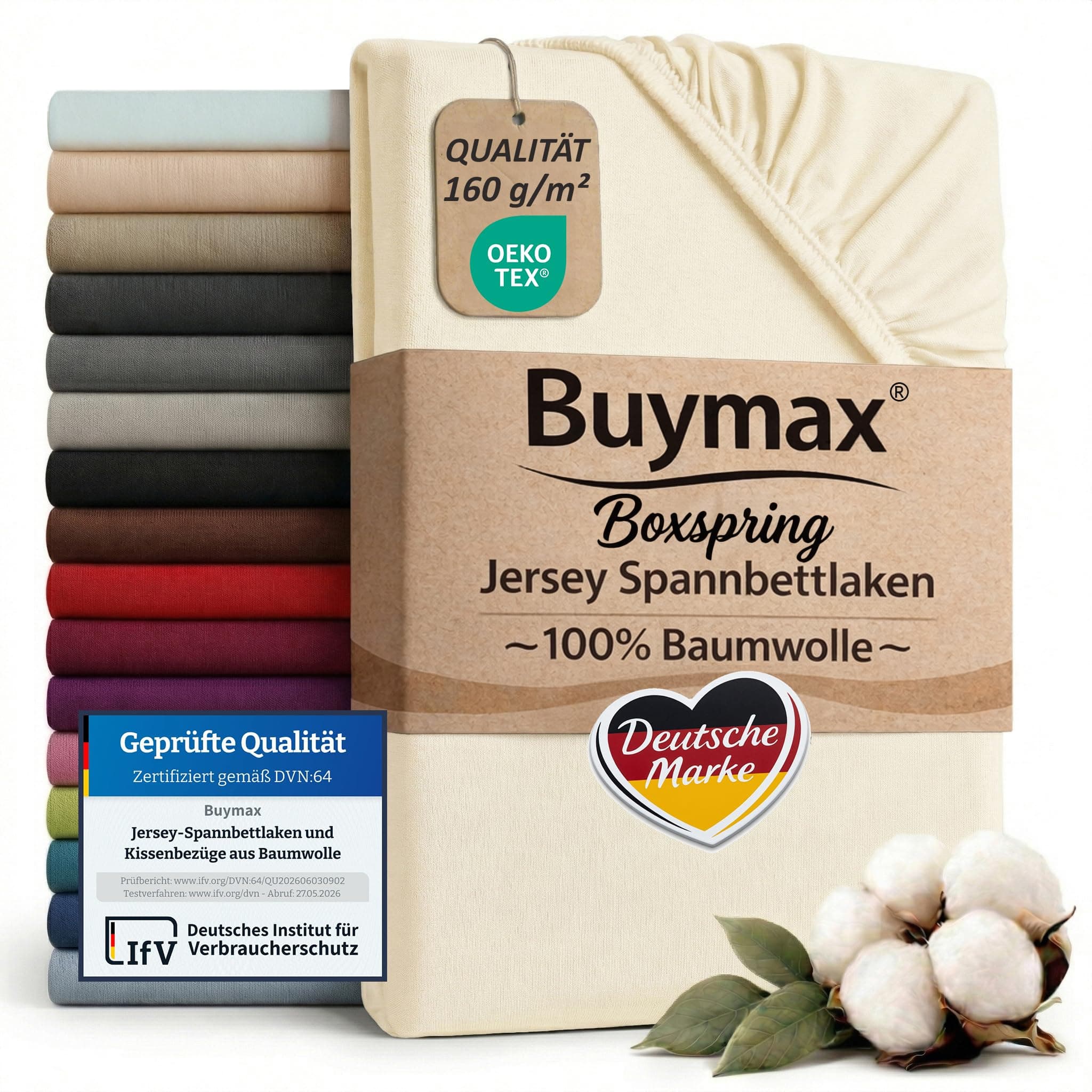 Buymax Spannbettlaken Boxspringbett 90x200-100x220 cm, 100% Baumwolle Jersey, 160 g/m², Oeko-TEX, für hohe Matratzen, Beige