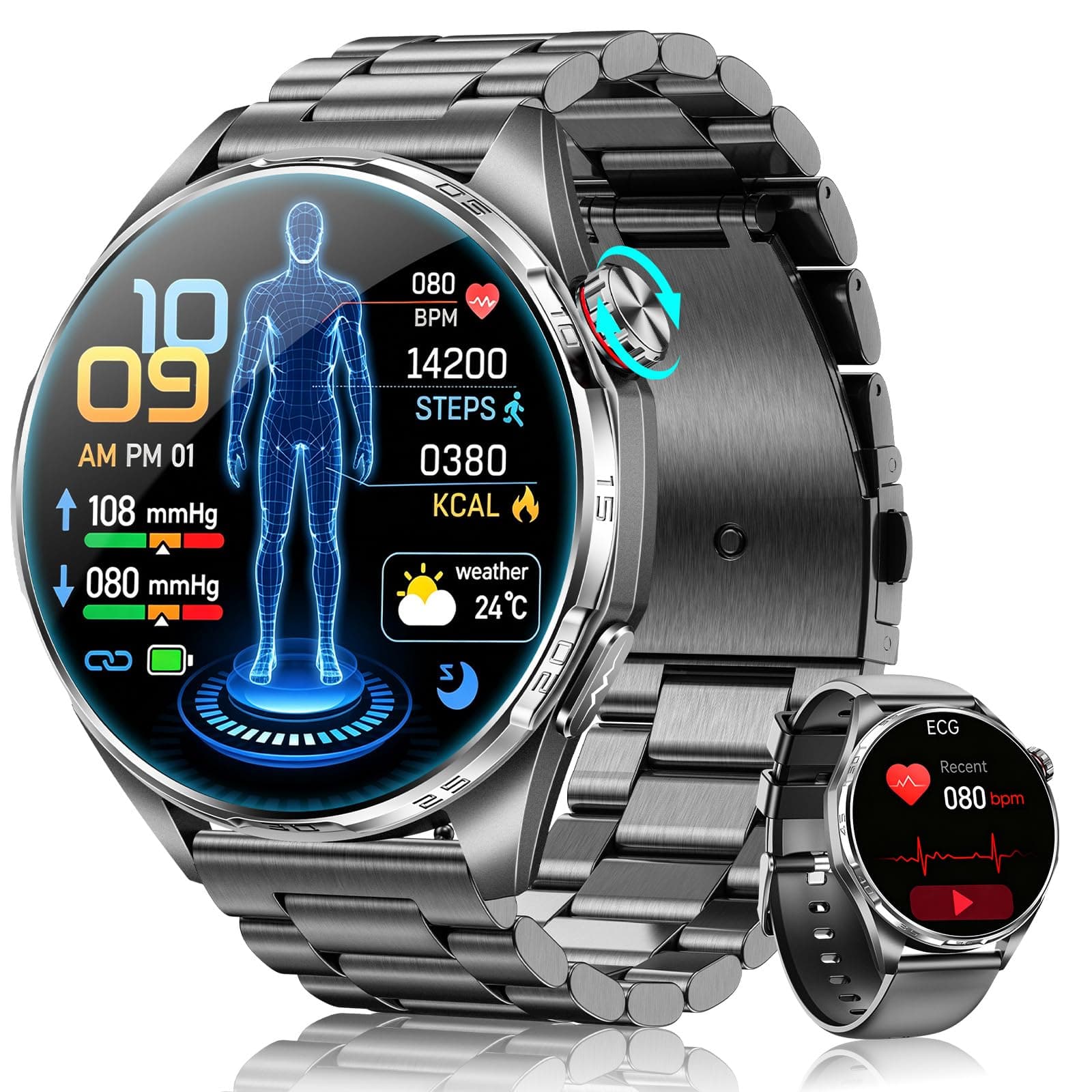 FOSMET Nuevo Reloj Inteligente Hombre con ECG/HRV/BMI, Android iOS Negro | 1.45" AMOLED, Micro Chequeo, 24H Frecuencia Cardíaca, Presión Arterial, SpO2, Sueño, 5 ATM, Llamadas, SOS, 70+ Deportivos