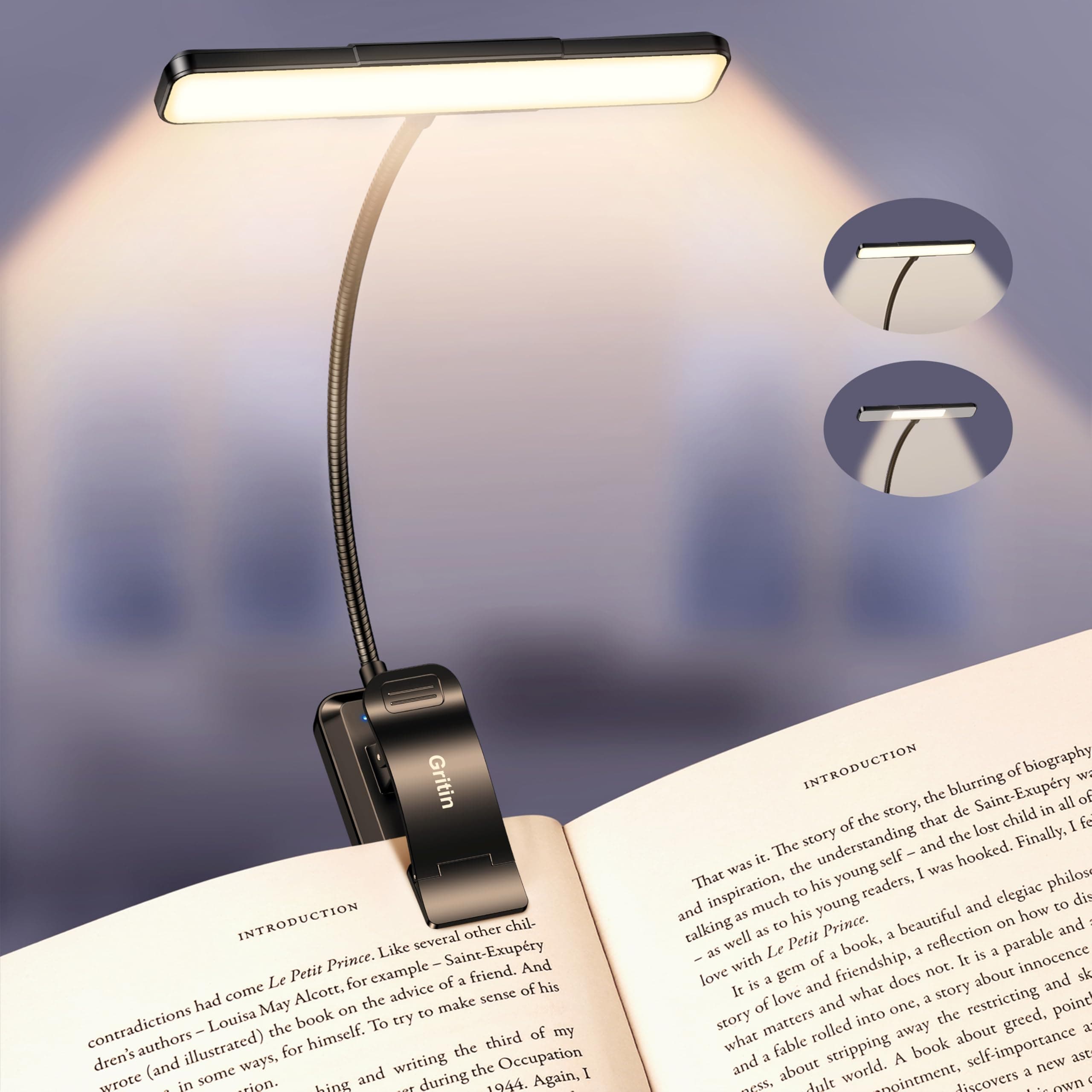Gritin 2026 2a Gen Luce per Lettura Libri a Letto - 32 LED Full Spectrum, 5 Colori & 5 Luminosità, Fascio Regolabile Largo/Stretto, Batteria 1500mAh Lunga Durata, Ricaricabile Clip per Amanti Libri