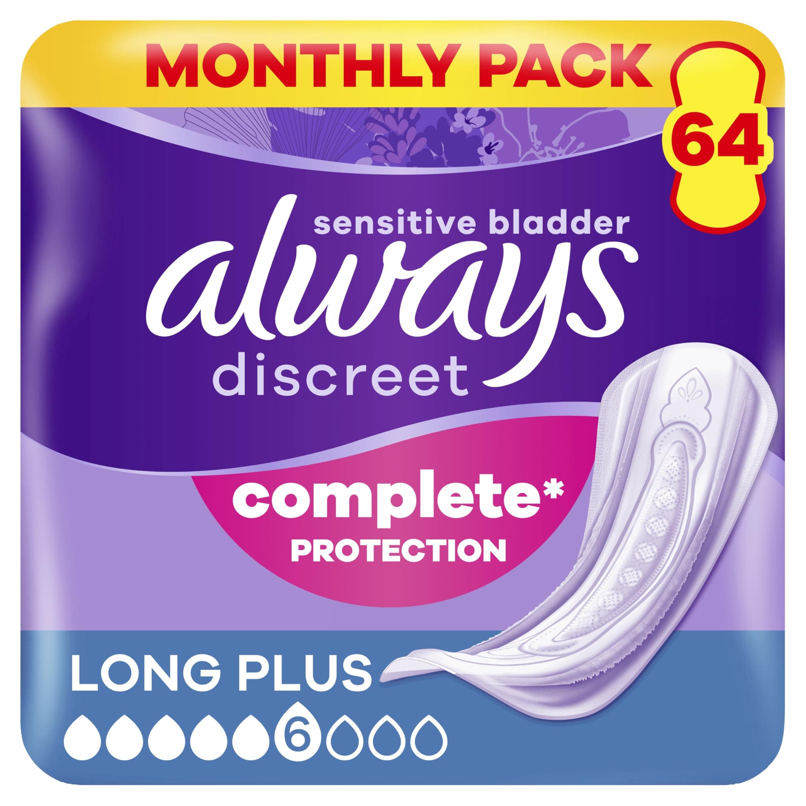 Always Discreet, 64 Serviettes Hygiéniques Incontinence Femme, Long plus 6 Gouttes, Protection Absorbante pour Fuites Urinaires Importantes, Pack 1 Mois