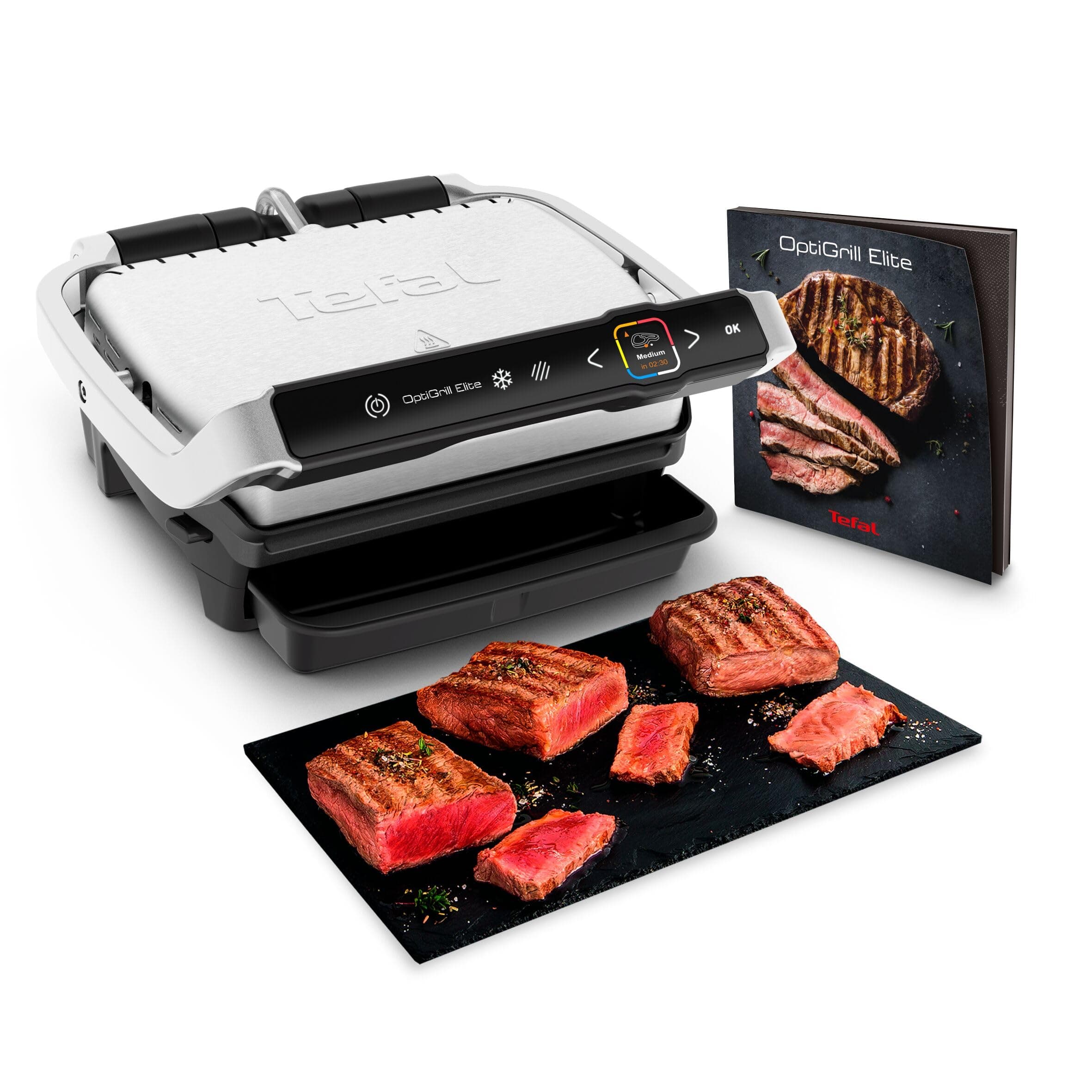 Tefal Optigrill Elite GC750D Grill parrilla eléctrica interior y exterior, sensor y 12 programas automáticos, sellado rápido, apto para lavavajillas, antiadherente, función sandwichera