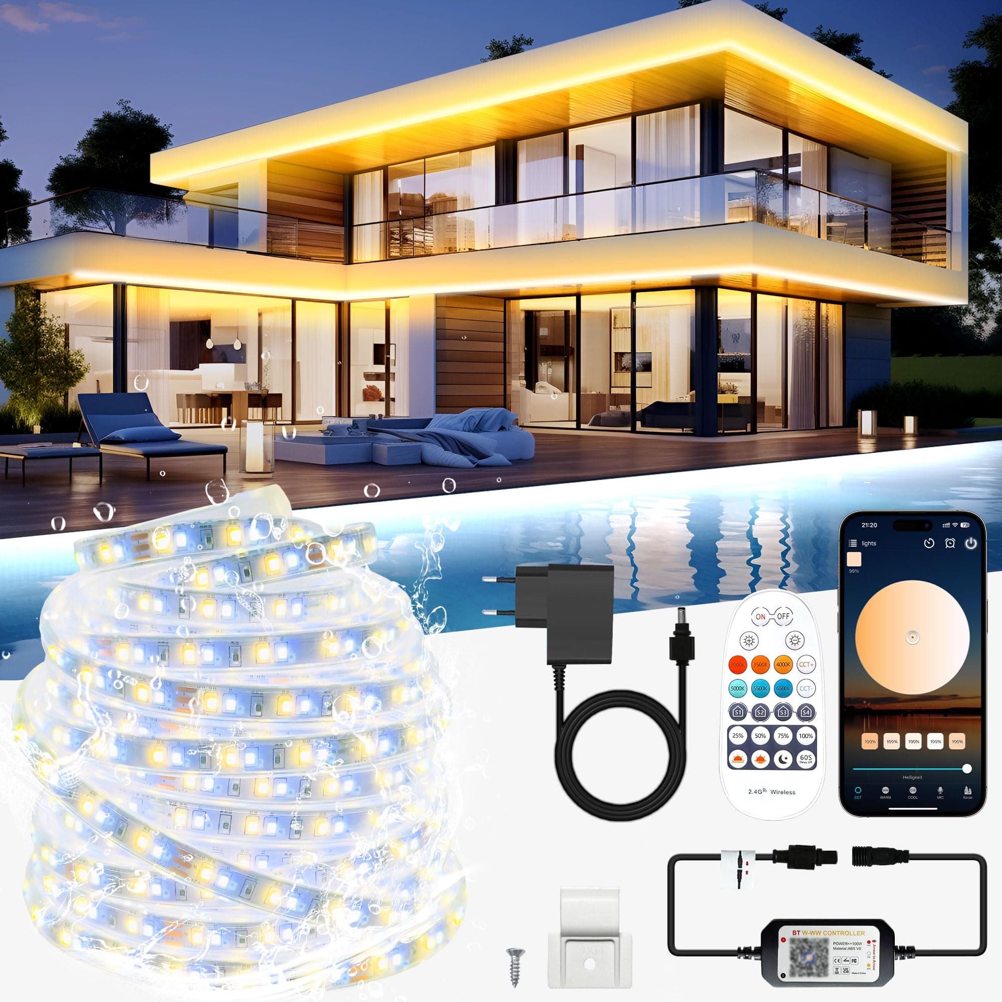 TENDIST 20M Tira LED Exterior Impermeable IP67, Luces Blancas Exterior 3000K-6500K, 24V Tiras de LED Adhesivas Impermeable, Fita LED con APP & Mando a Distancia para Pavillon, Pérgola, Patio