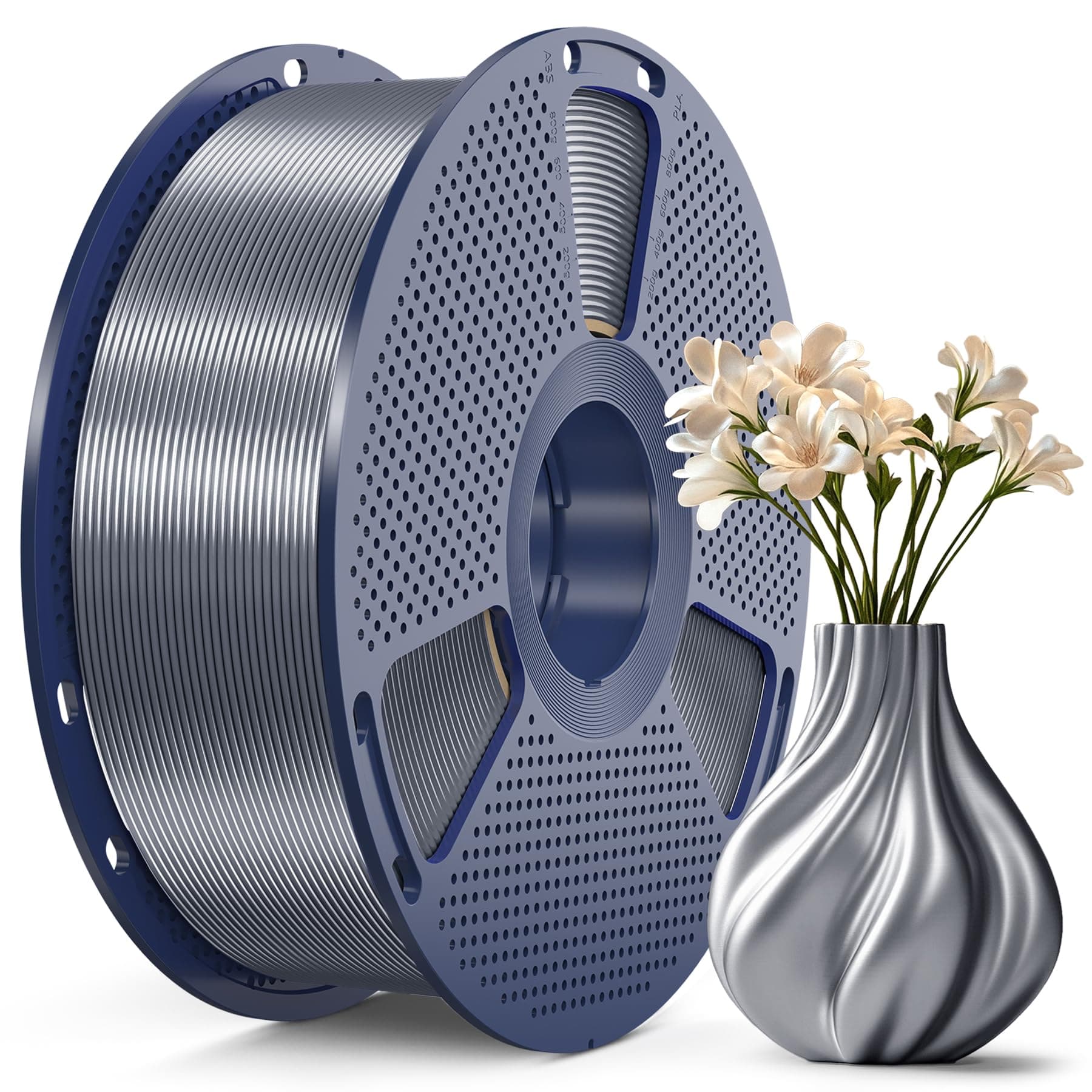SUNLU PLA+ Silk Filament, Filamento 3D de Seda Metálica Brillante de 1,75 mm, Filamento de impresora 3D PLA PLUS de alta resistencia, Carrete de 1KG, Gris