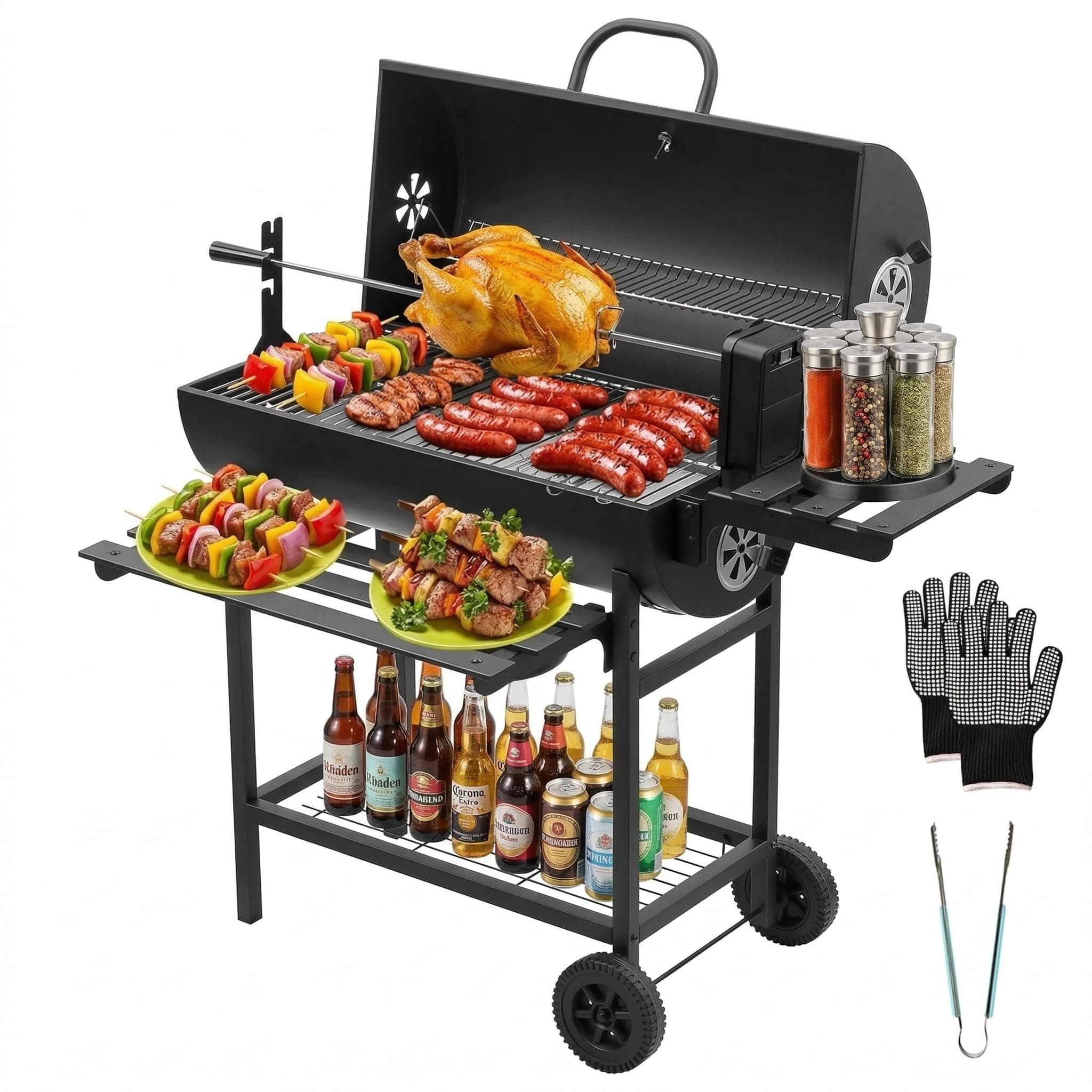 DEWINNER Grill XXL à Charbon de Bois, Acier au Carbone avec Couvercle & Thermomètre, Rôtissoire à Poulet Amovible, Gants Anti-Brûlures et Pince Offerts, Roulettes, Idéal Jardin/Terrasse/Camping