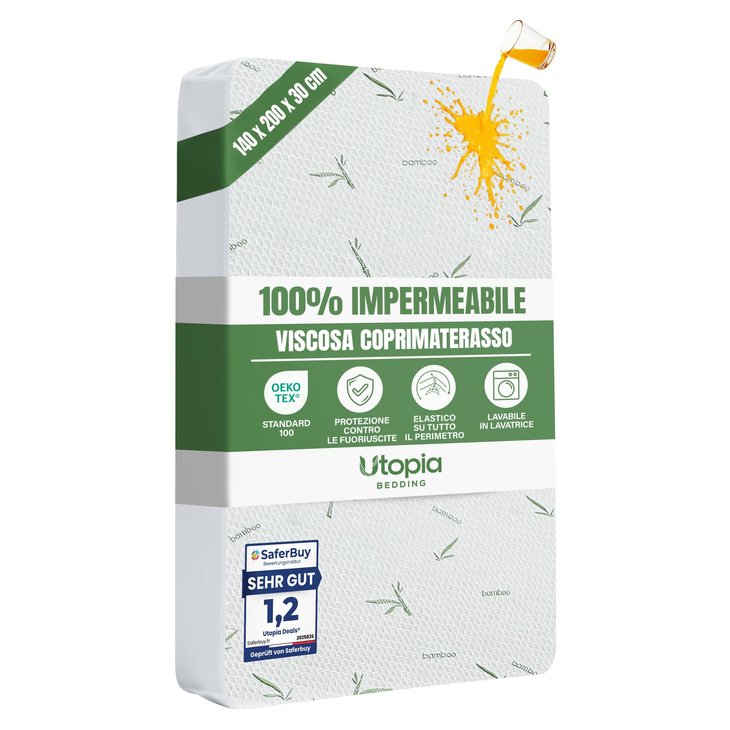 Utopia Bedding Coprimaterasso Matrimoniale Impermeabile 140 x 200 x 30 cm, Certificato OEKO-TEX, Proteggi Materasso, Traspirante, Lavabile, Stile Montato Tutto Intorno Elastico