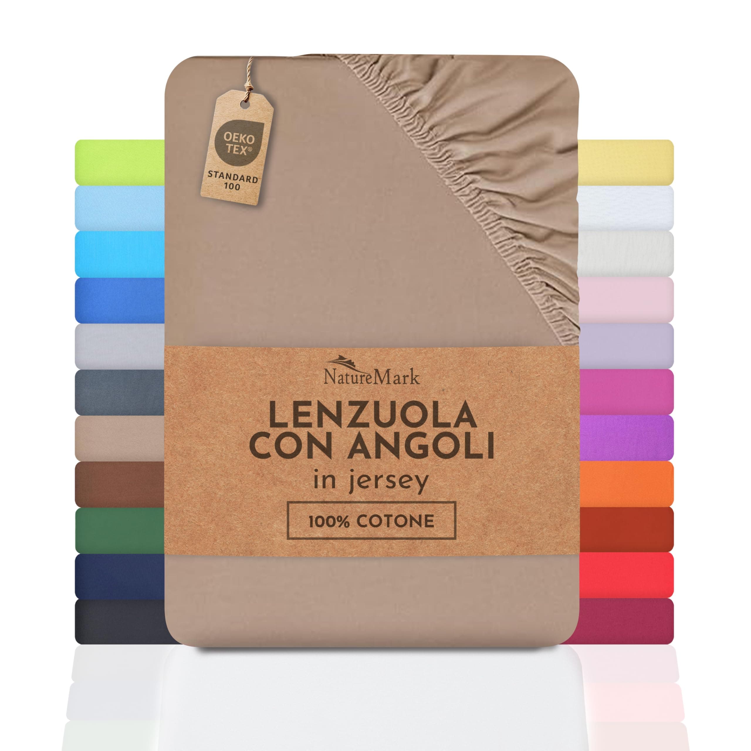 "NatureMark Lenzuolo con angoli elasticizzati in jersey, in 100% cotone, in molti colori e misure, conforme all’Oeko-Tex Standard 100, 90 x 200 cm - 100 x 200 cm, Sabbia beige "
