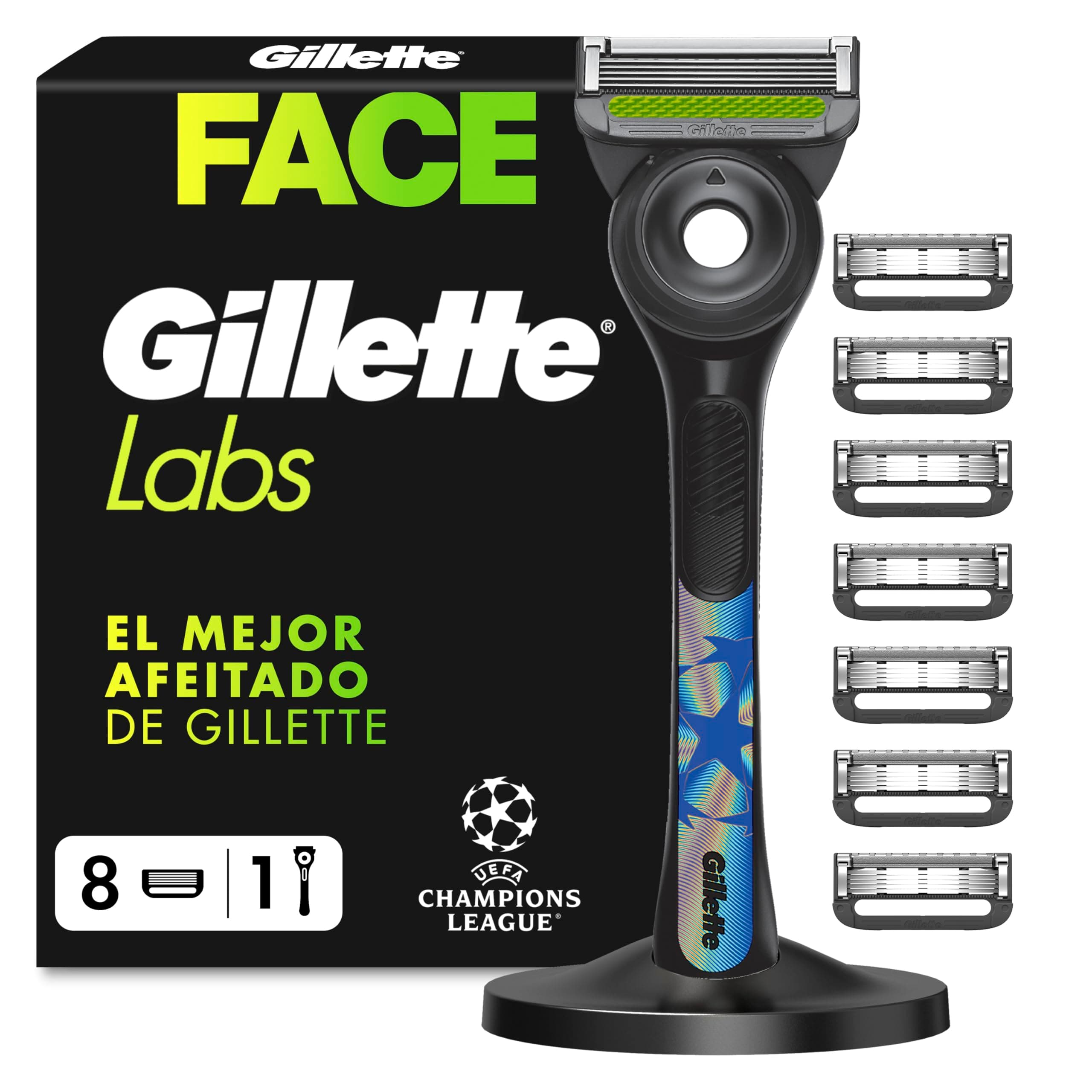 GilletteLabs Maquinilla de Afeitar Hombre con 8 Cuchillas de Recambio | 1 Mango UEFA Champions League Special Edition con Barra Exfoliante + 8 Recambios, Incluye Soporte Magnético Prémium