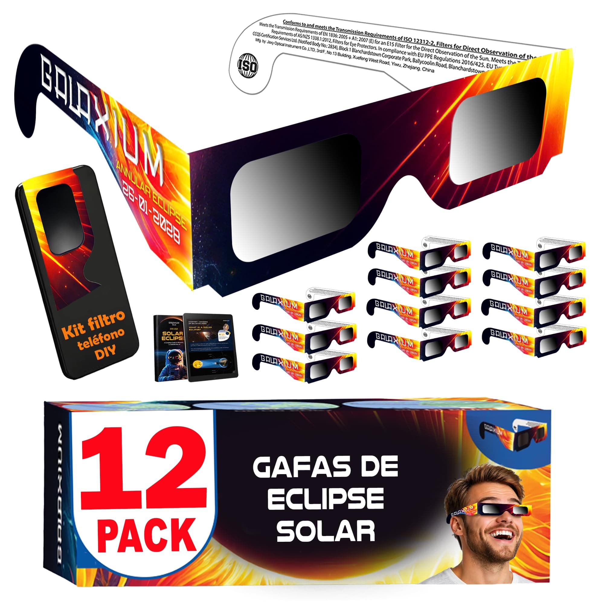 Galaxium 12/25/50/100 Gafas Eclipse Solar Homologadas ISO 12312-2 - Aprobadas AAS 2026 - Certificadas CE - Seguras para Observación Directa - Gafas para Ver Eclipse Solar