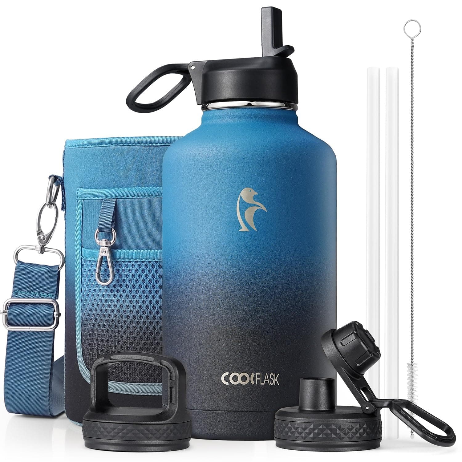 Coolflask Borraccia termica 2 l, 3 coperchi con cannuccia e beccuccio, borraccia sottovuoto in acciaio inox, per sport, viaggi, palestra, 48 ore fredde e calde