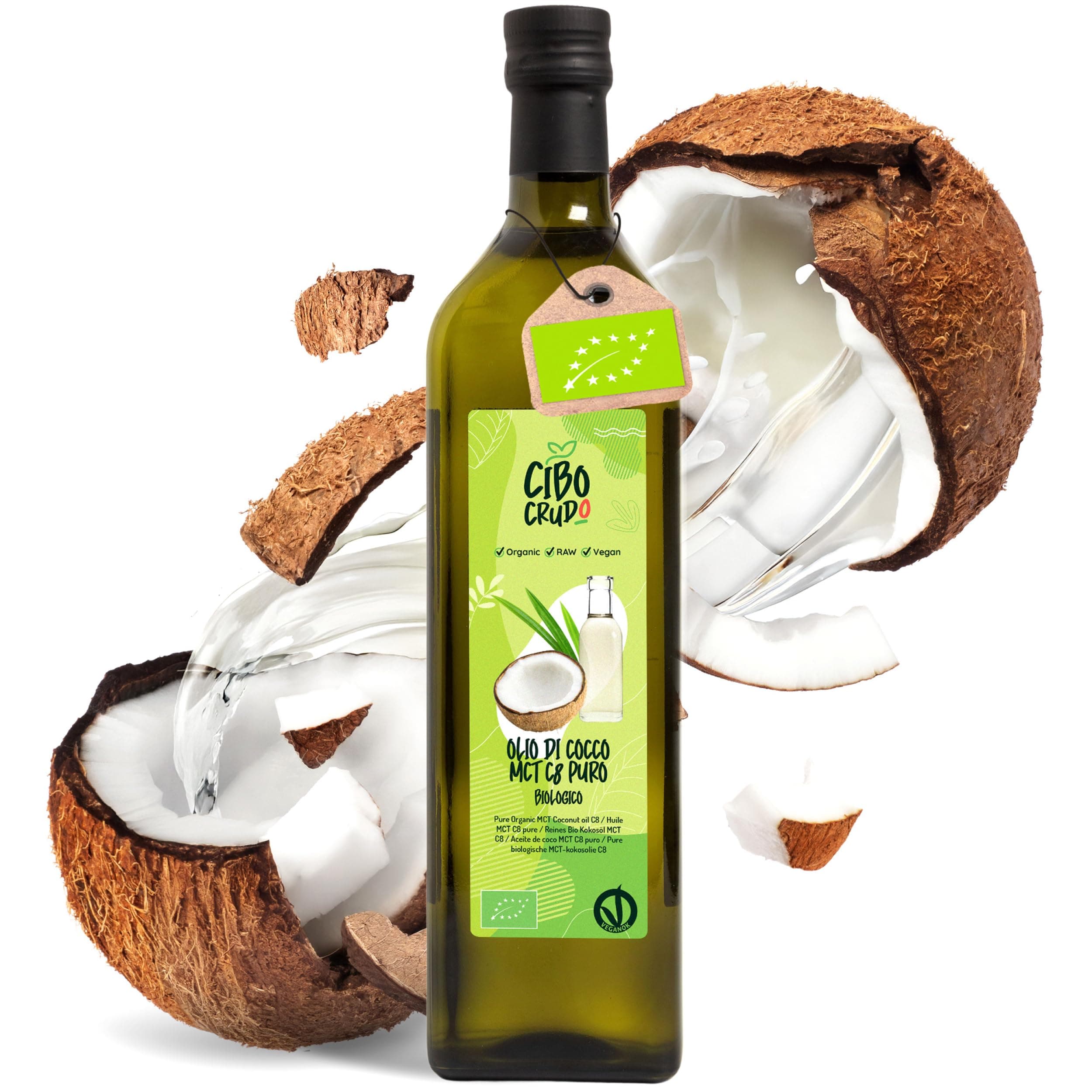 CIBO CRUDO crudo biologico vegan Olio MCT C8 Puro Biologico Spremuto a Freddo - 1LT. Olio di Cocco MCT Commestibile Bio e Puro per Keto Paleo o per Sso su Corpo e Capelli. Olio Vegano e Vegetariano.
