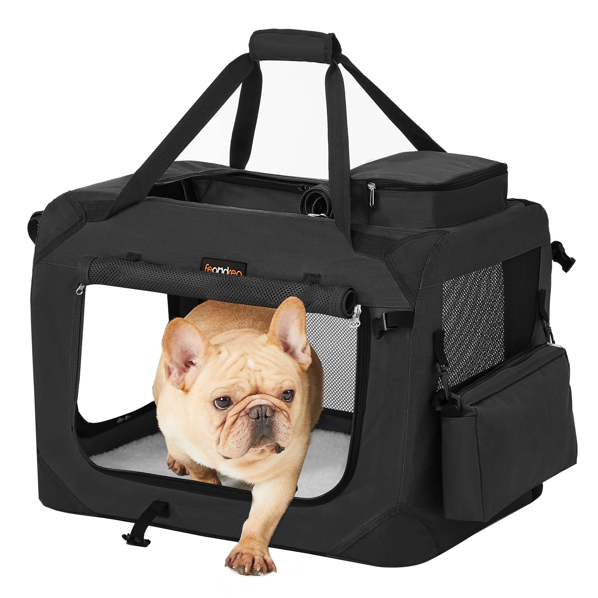 Feandrea Sac Transport Chat Chien, Caisse Pliable Animaux de Companie, Taille M, Tissu Oxford, Filet, Respirant, Portable, Cadre en Métal, avec Poignées et Pochettes, 60 x 42 x 42 cm, Noir